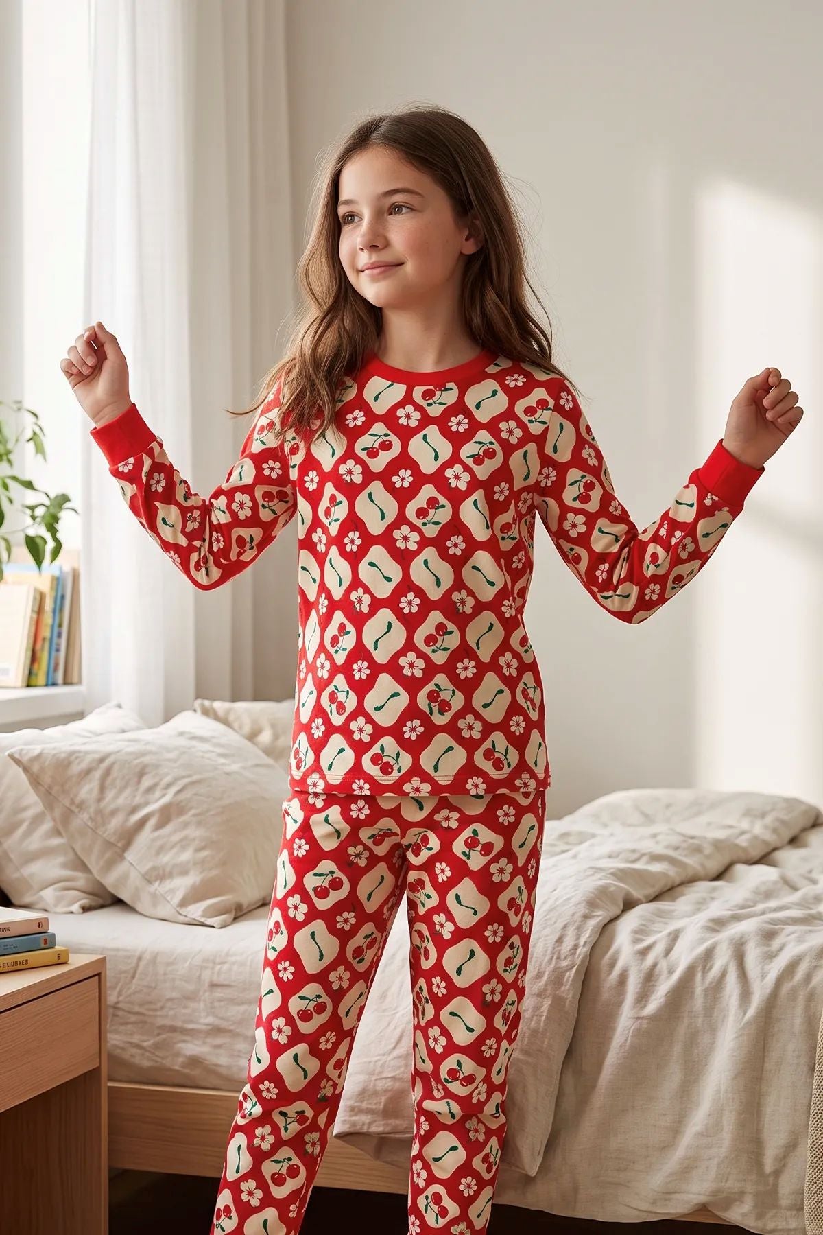 Kız Çocuk Kiraz ve Papatya Desenli Kırmızı Uzun Kollu Alt Üst Pijama Takımı