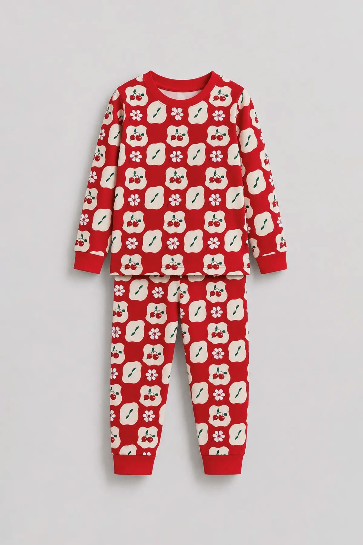 Kız Çocuk Kiraz ve Papatya Desenli Kırmızı Uzun Kollu Alt Üst Pijama Takımı