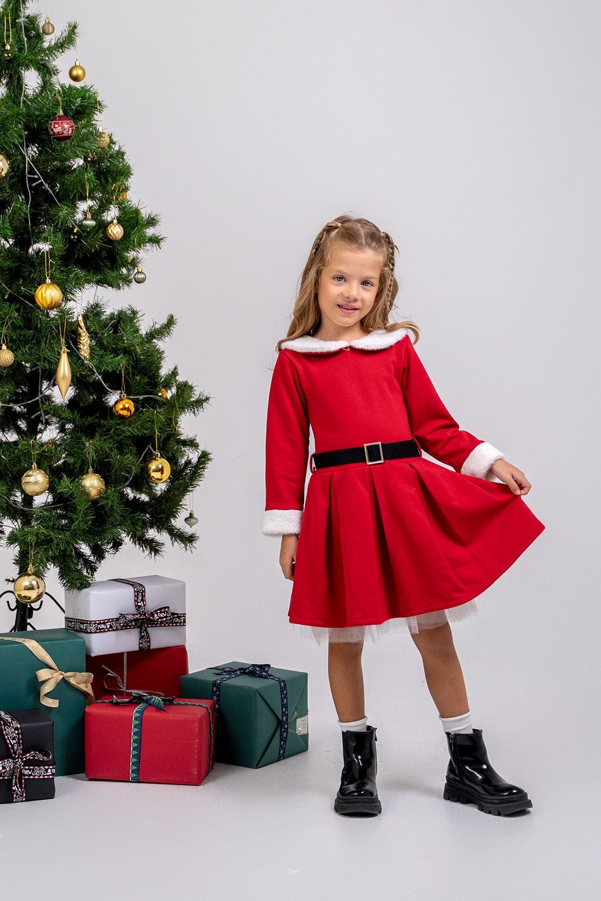 Kız Çocuk Kürk ve Kemer Detaylı ( 2-6 ) Yaş Tüllü Elbise