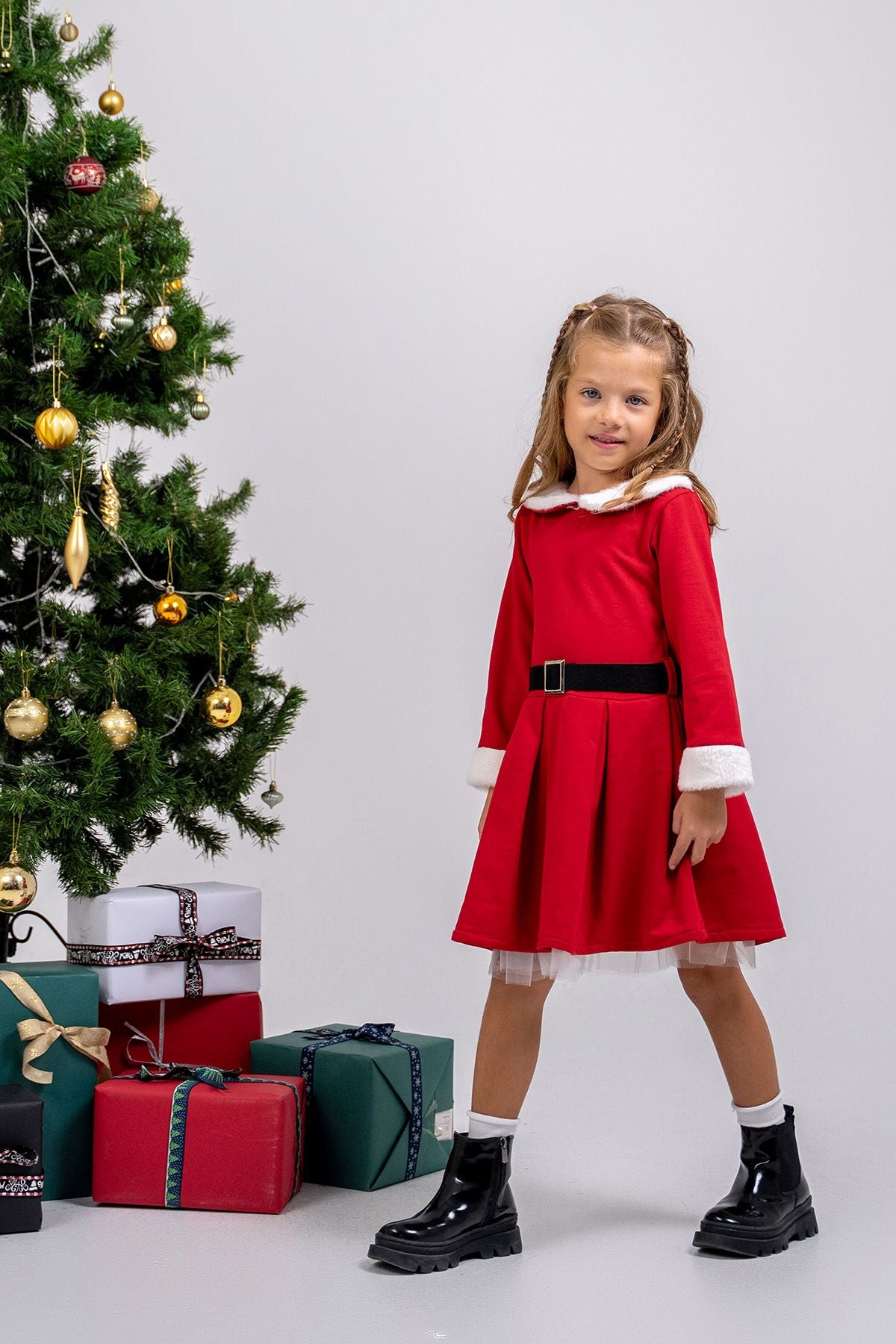 Kız Çocuk Kürk ve Kemer Detaylı ( 2-6 ) Yaş Tüllü Elbise