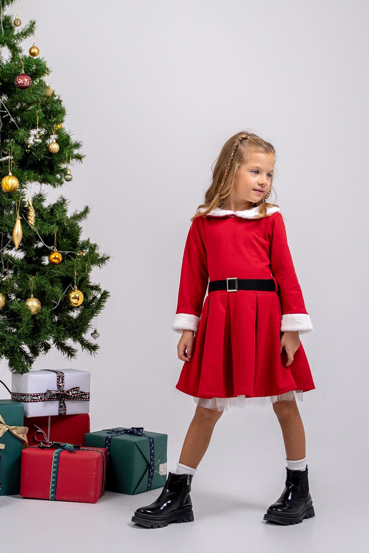Kız Çocuk Kürk ve Kemer Detaylı ( 2-6 ) Yaş Tüllü Elbise
