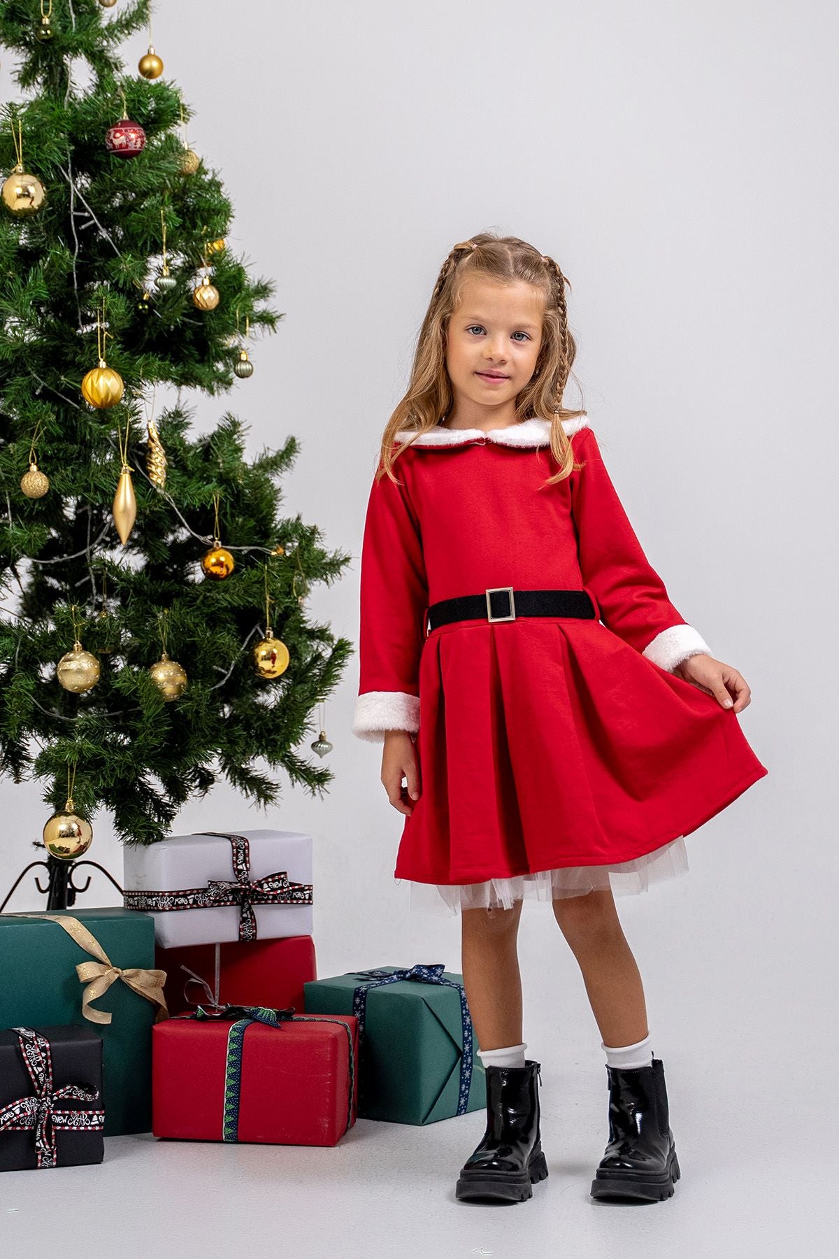 Kız Çocuk Kürk ve Kemer Detaylı ( 2-6 ) Yaş Tüllü Elbise