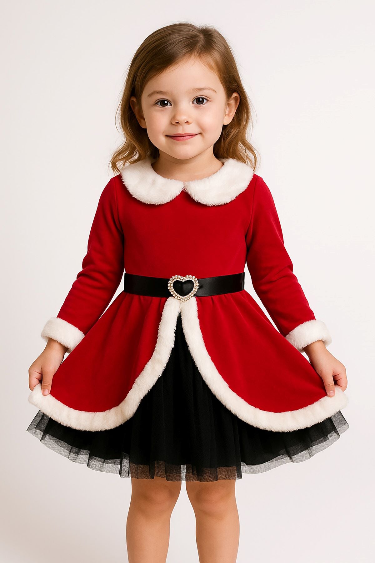Kız Çocuk Kürklü Kemeri Tokalı Tül Elbise