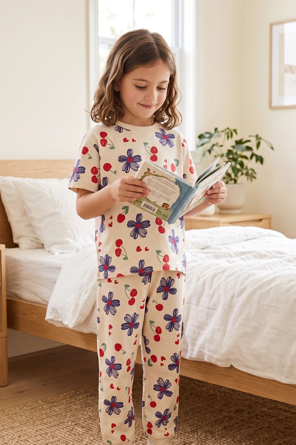 Kız Çocuk Lacivert Çiçek ve Kiraz Desenli Kısa Kollu Beyaz Renk Pijama Takımı
