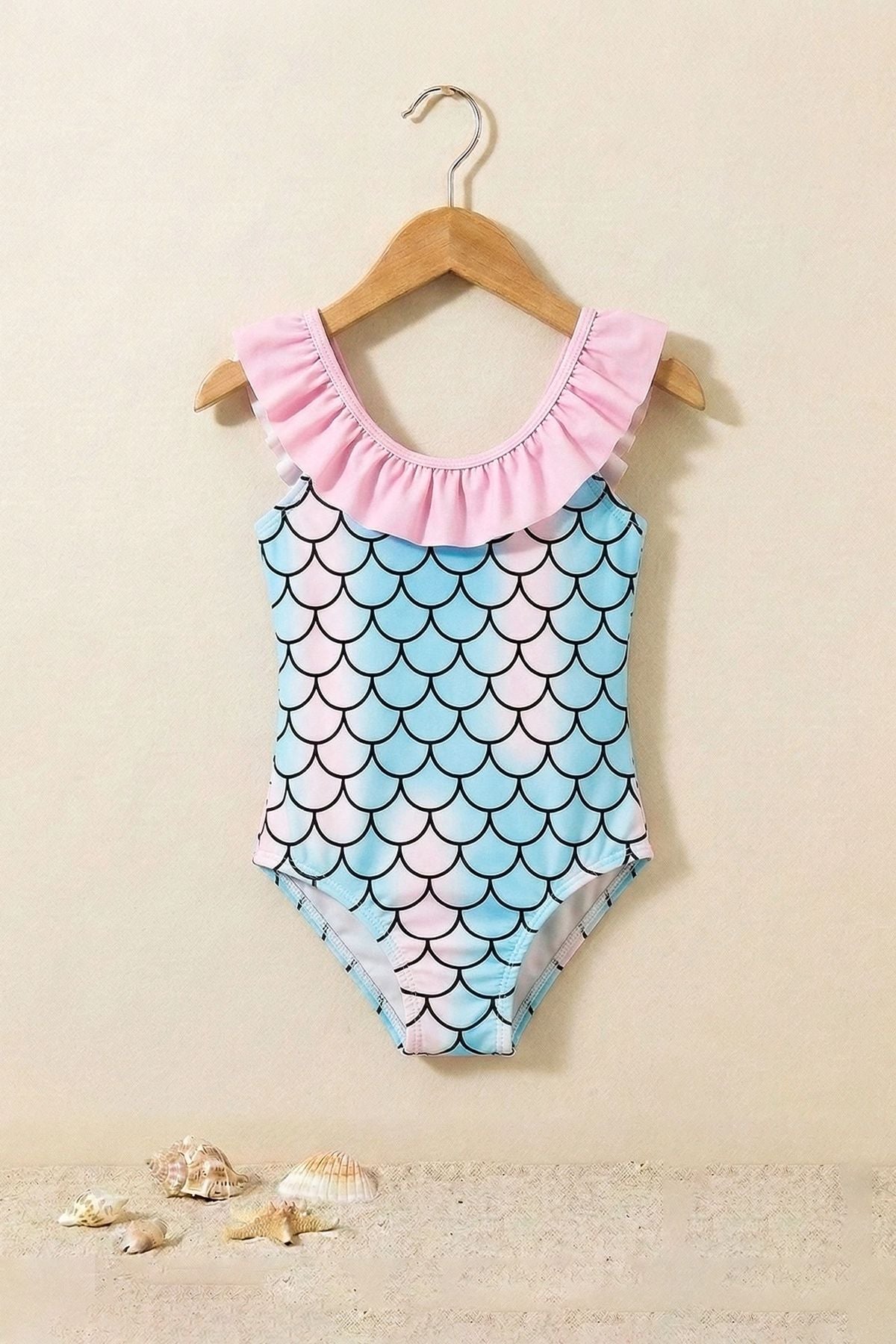 Kız Çocuk Mermaid Desenli Fırfırlı Mayo