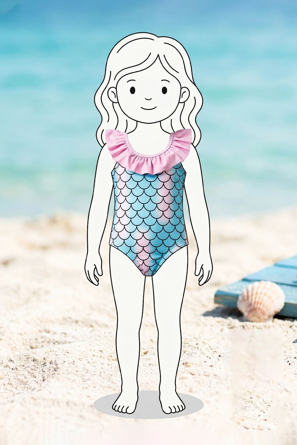 Kız Çocuk Mermaid Desenli Fırfırlı Mayo