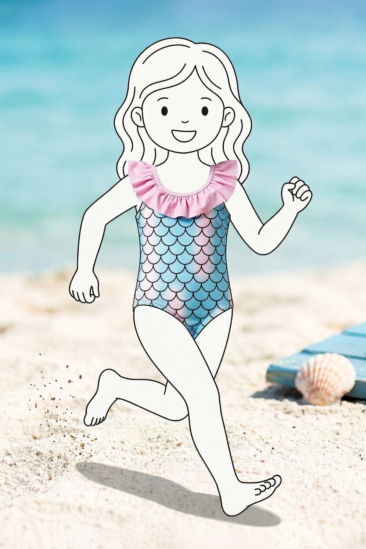 Kız Çocuk Mermaid Desenli Fırfırlı Mayo