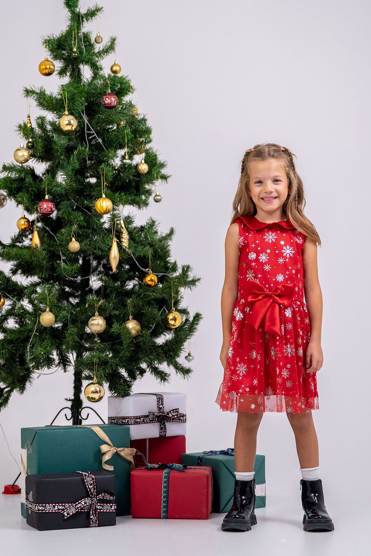 Kız Çocuk Noal Temalı Kar Taneli Kırmızı Fiyonklu Tül Elbise