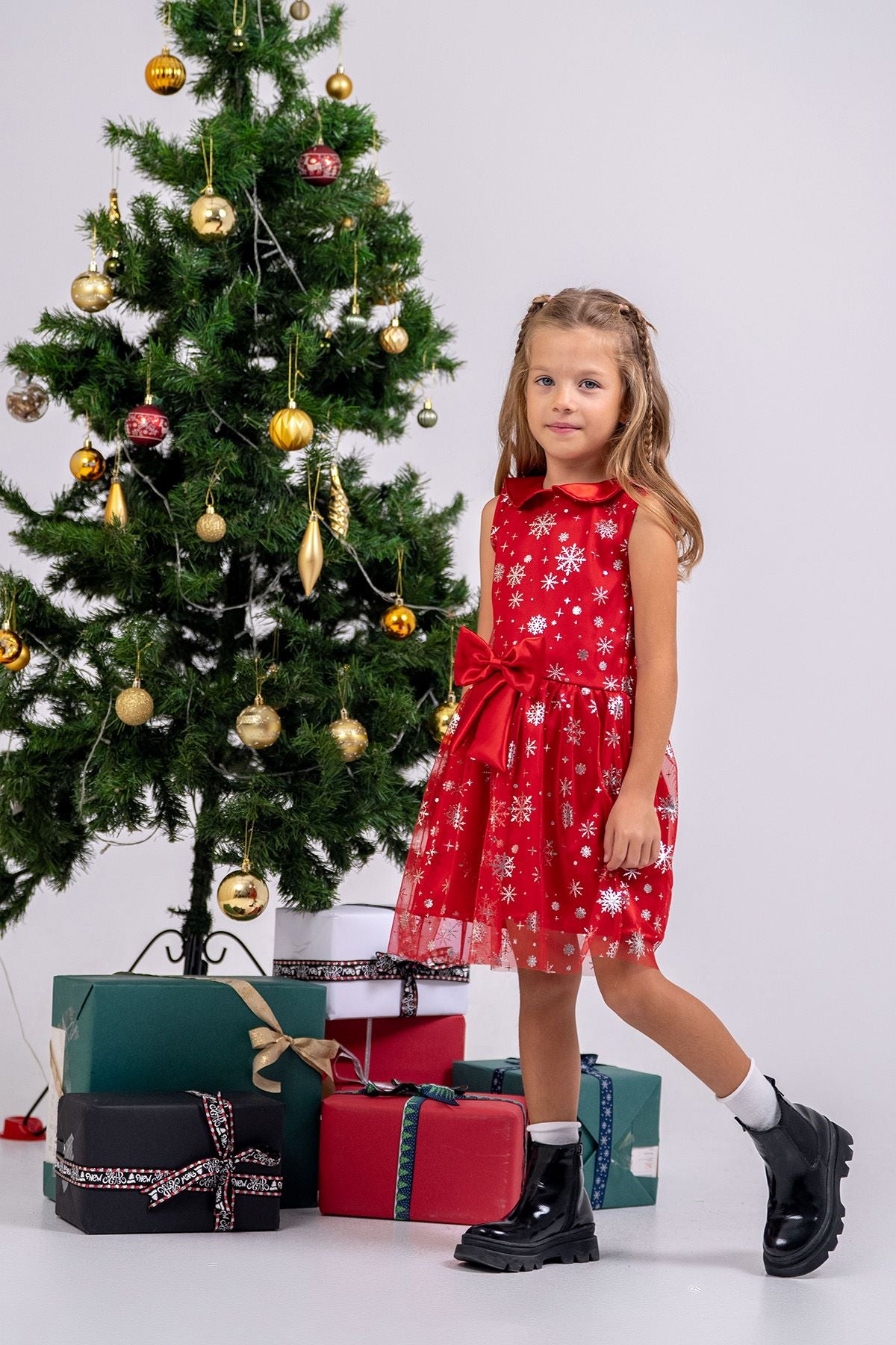 Kız Çocuk Noal Temalı Kar Taneli Kırmızı Fiyonklu Tül Elbise