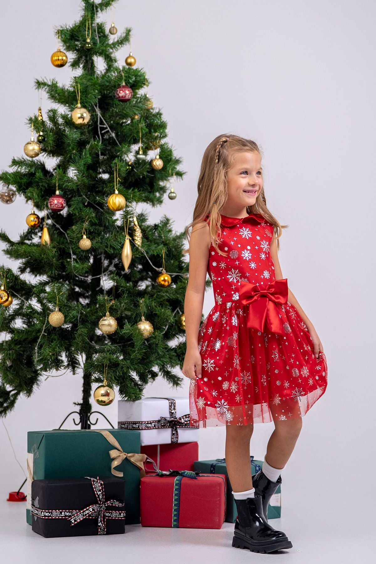 Kız Çocuk Noal Temalı Kar Taneli Kırmızı Fiyonklu Tül Elbise