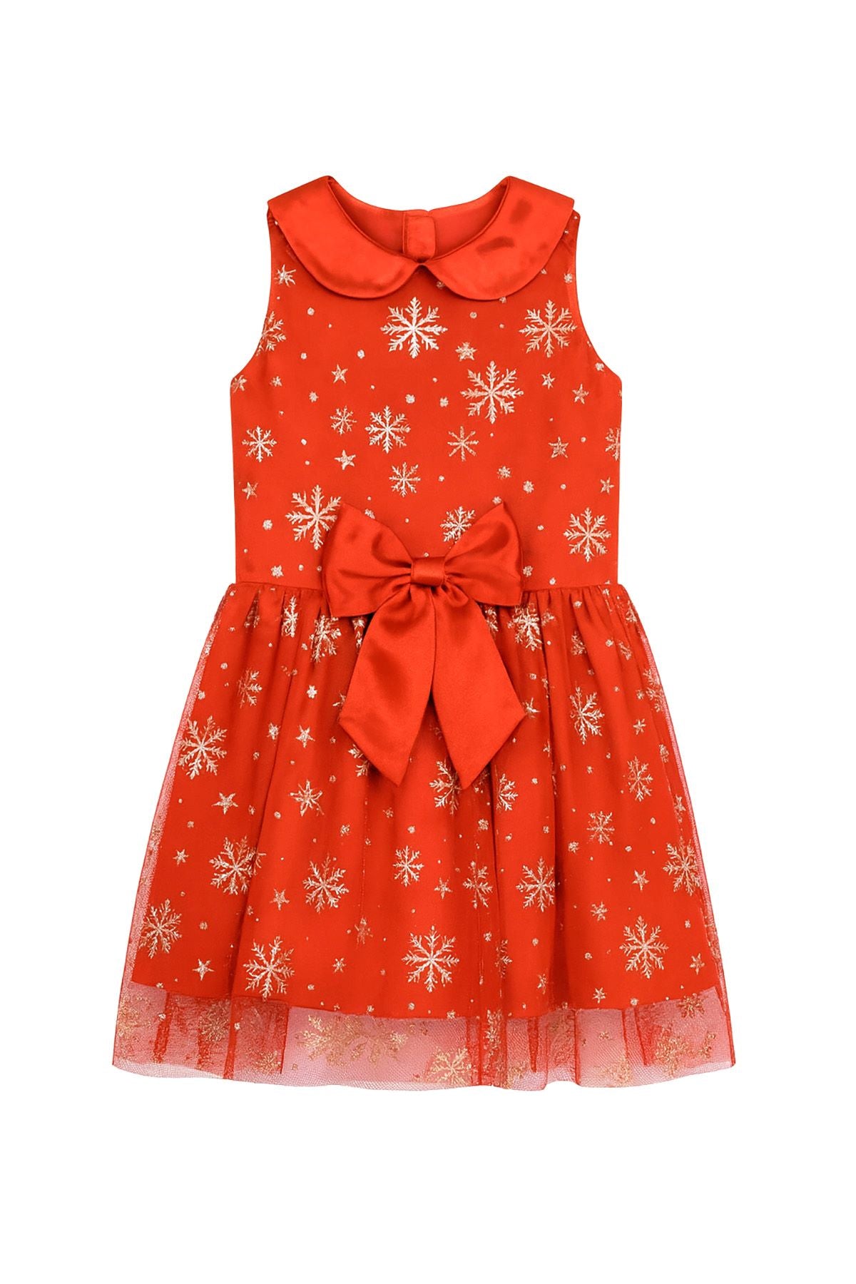 Kız Çocuk Noal Temalı Kar Taneli Kırmızı Fiyonklu Tül Elbise
