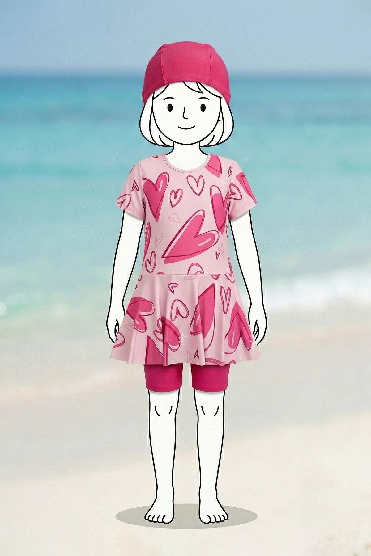 Kız Çocuk Pembe Kalp Desenli 3'lü Boneli Mayo Takımı