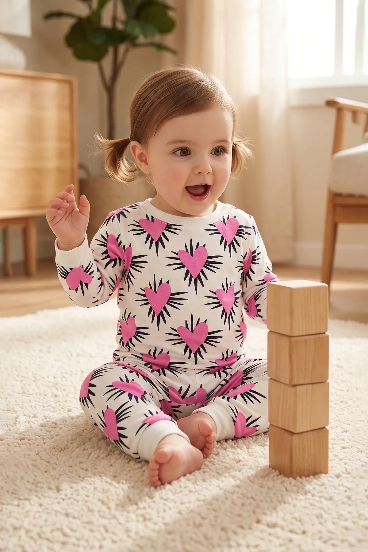 Kız Çocuk Pembe Kalp Desenli Uzun Kollu Pijama Takımı