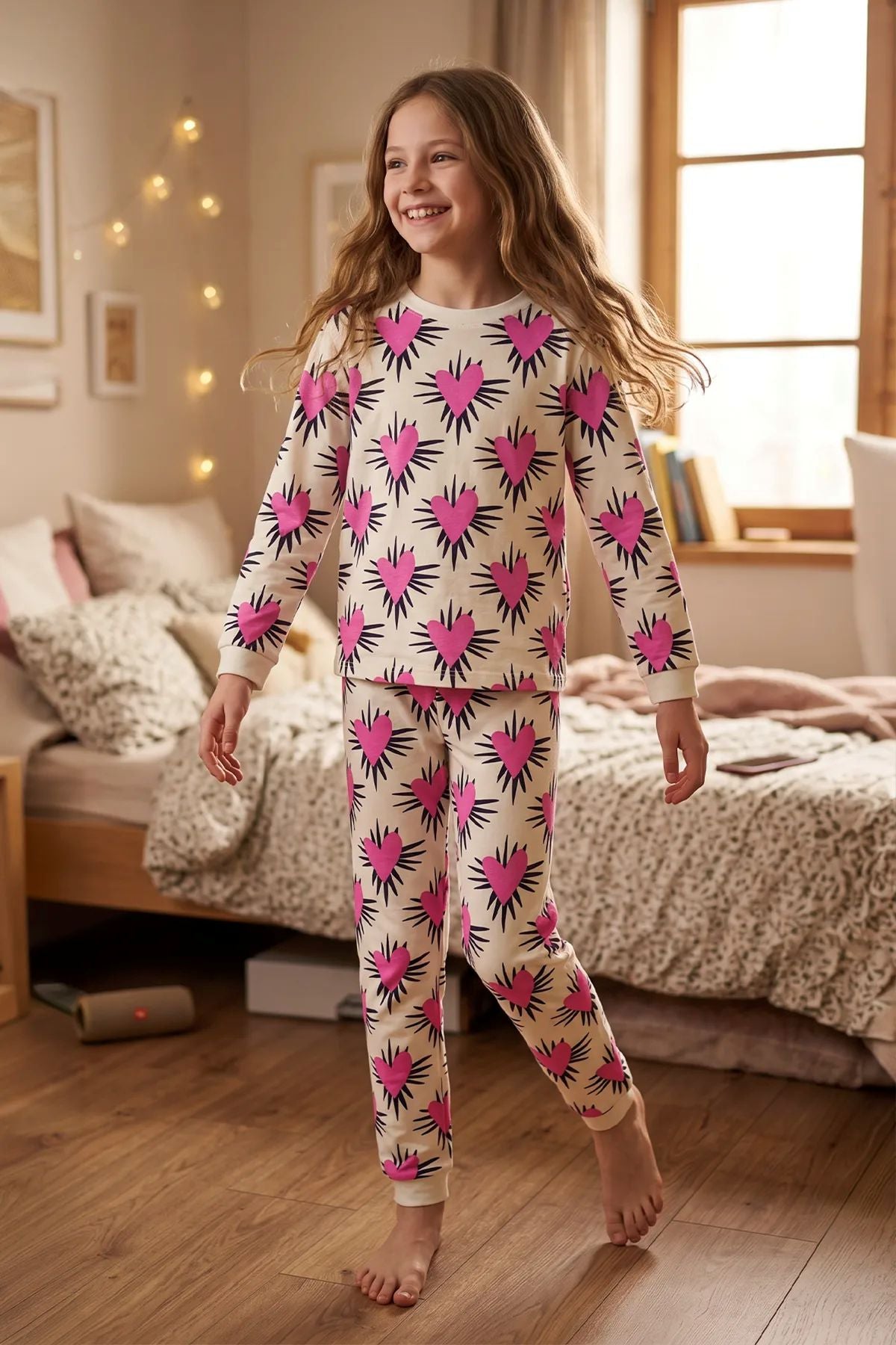Kız Çocuk Pembe Kalp Desenli Uzun Kollu Pijama Takımı