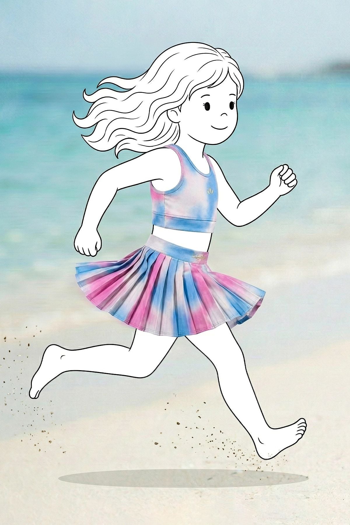 Kız Çocuk Sportif Renkli Pileli Şort Etekli - Crop Alt - Üst Takım