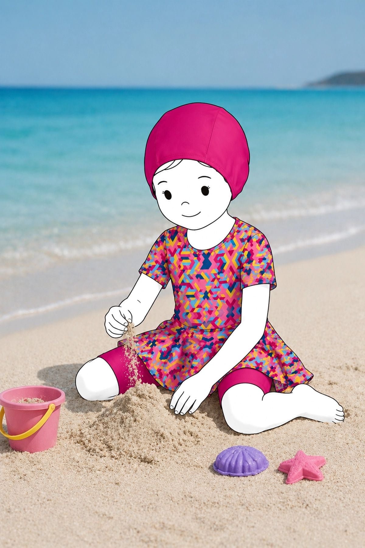 Kız Çocuk Renkli Şekilli Etekli Mayo Takımı