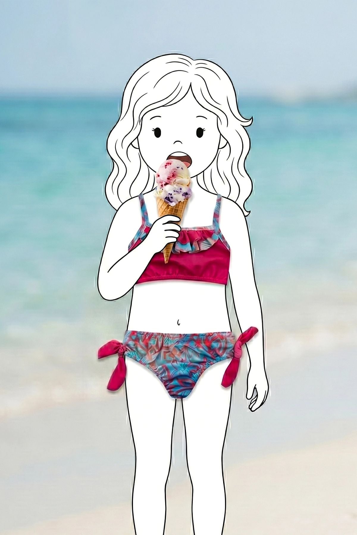 Kız Çocuk Renkli Tropik Desen Bikini Takımı