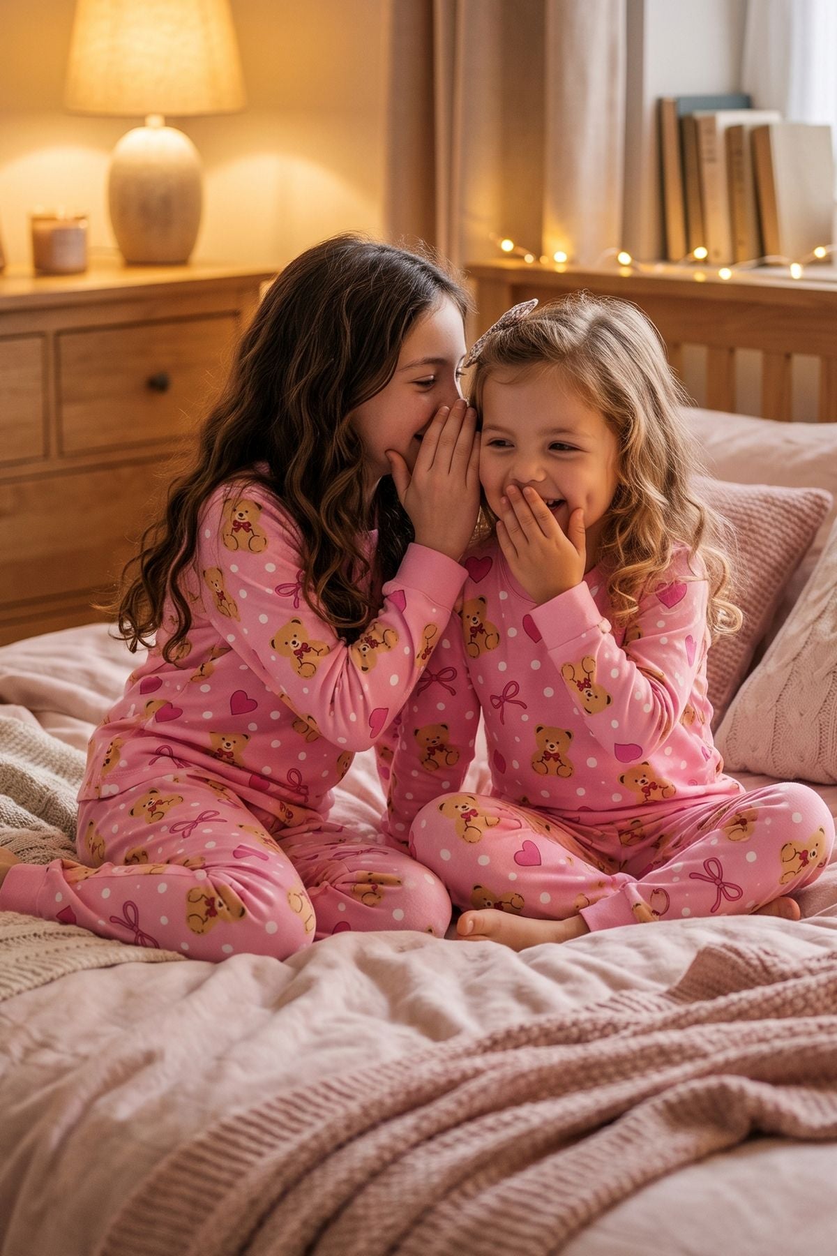 Kız Çocuk Sevimli Ayıcık, Kalp ve Fiyonk Desenli Pembe Uzun Kollu Pijama Takımı