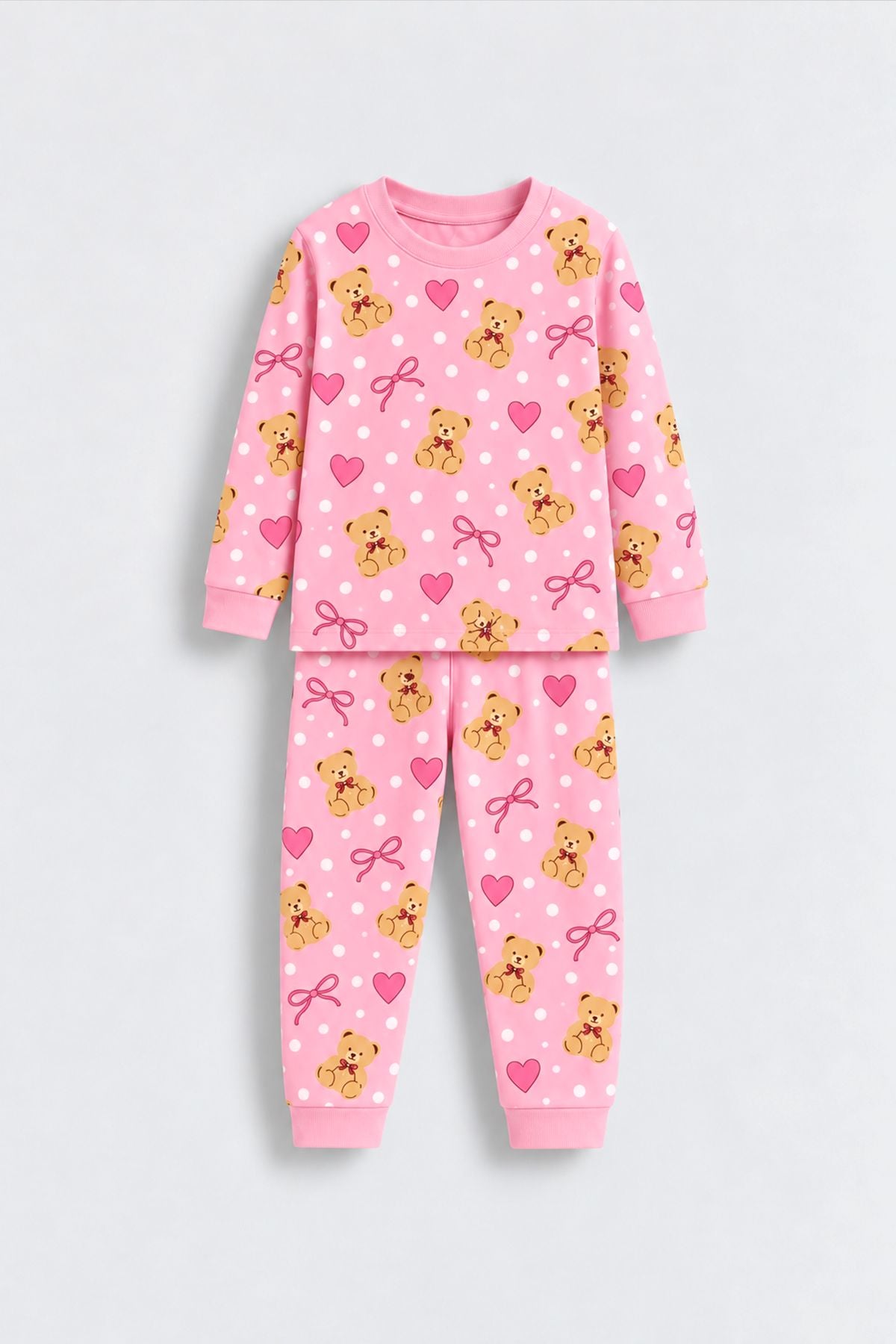 Kız Çocuk Sevimli Ayıcık, Kalp ve Fiyonk Desenli Pembe Uzun Kollu Pijama Takımı