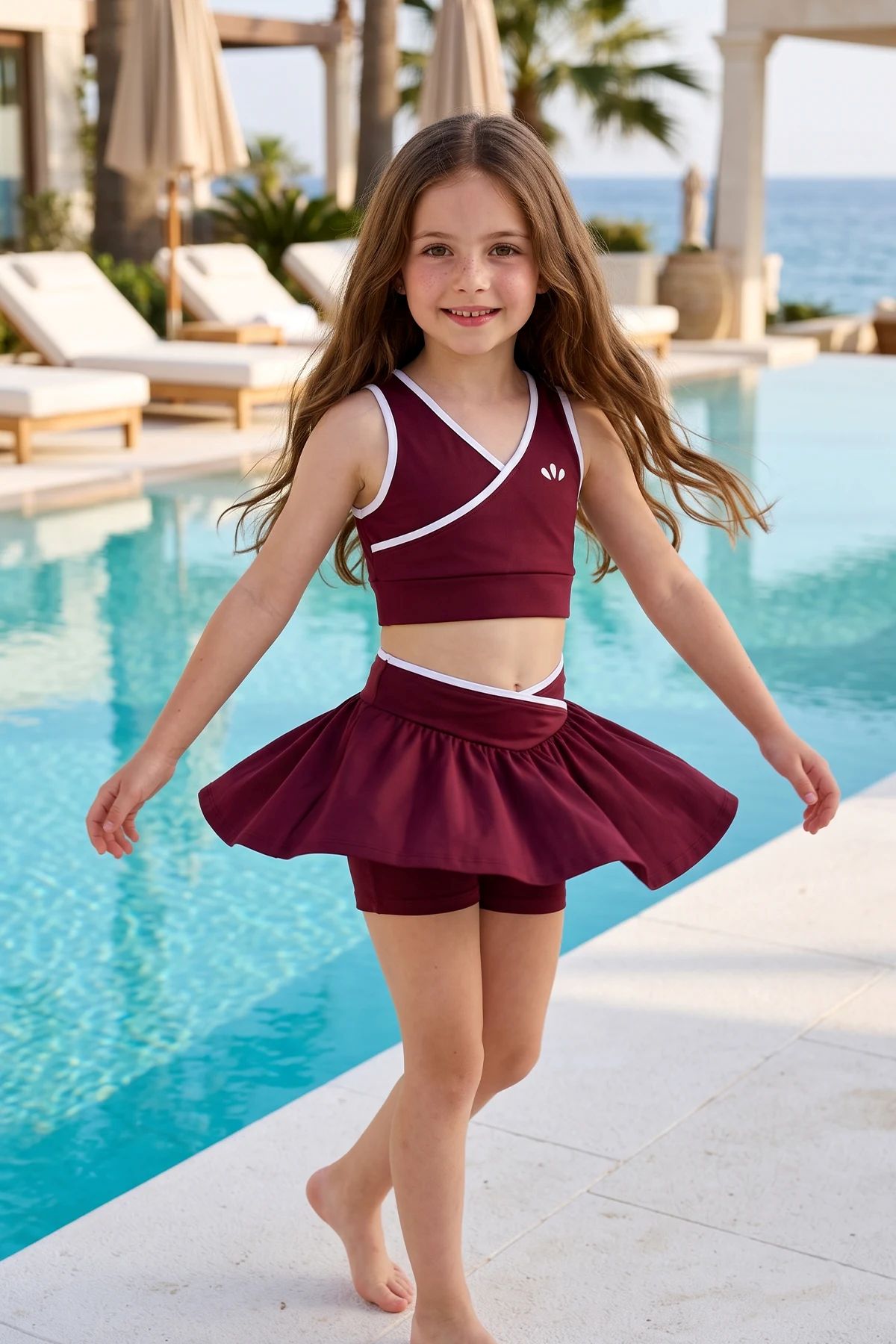 Kız Çocuk Sportif Bordo Renk Crop - Şort Etek Alt Üst - Takım