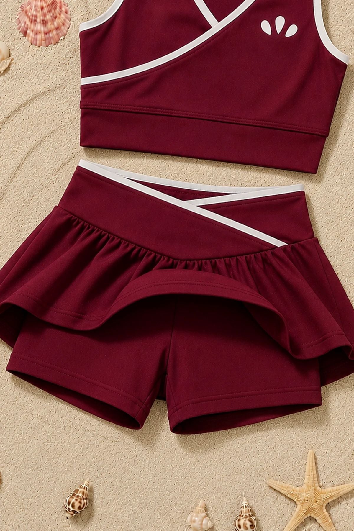 Kız Çocuk Sportif Bordo Renk Crop - Şort Etek Alt Üst - Takım