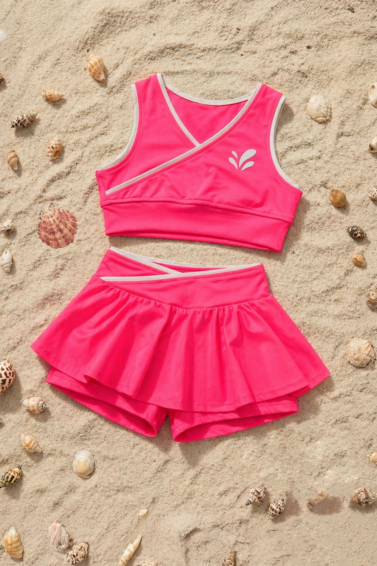 Kız Çocuk Sportif Fuşya Renk Crop - Şort Etek Alt Üst - Takım