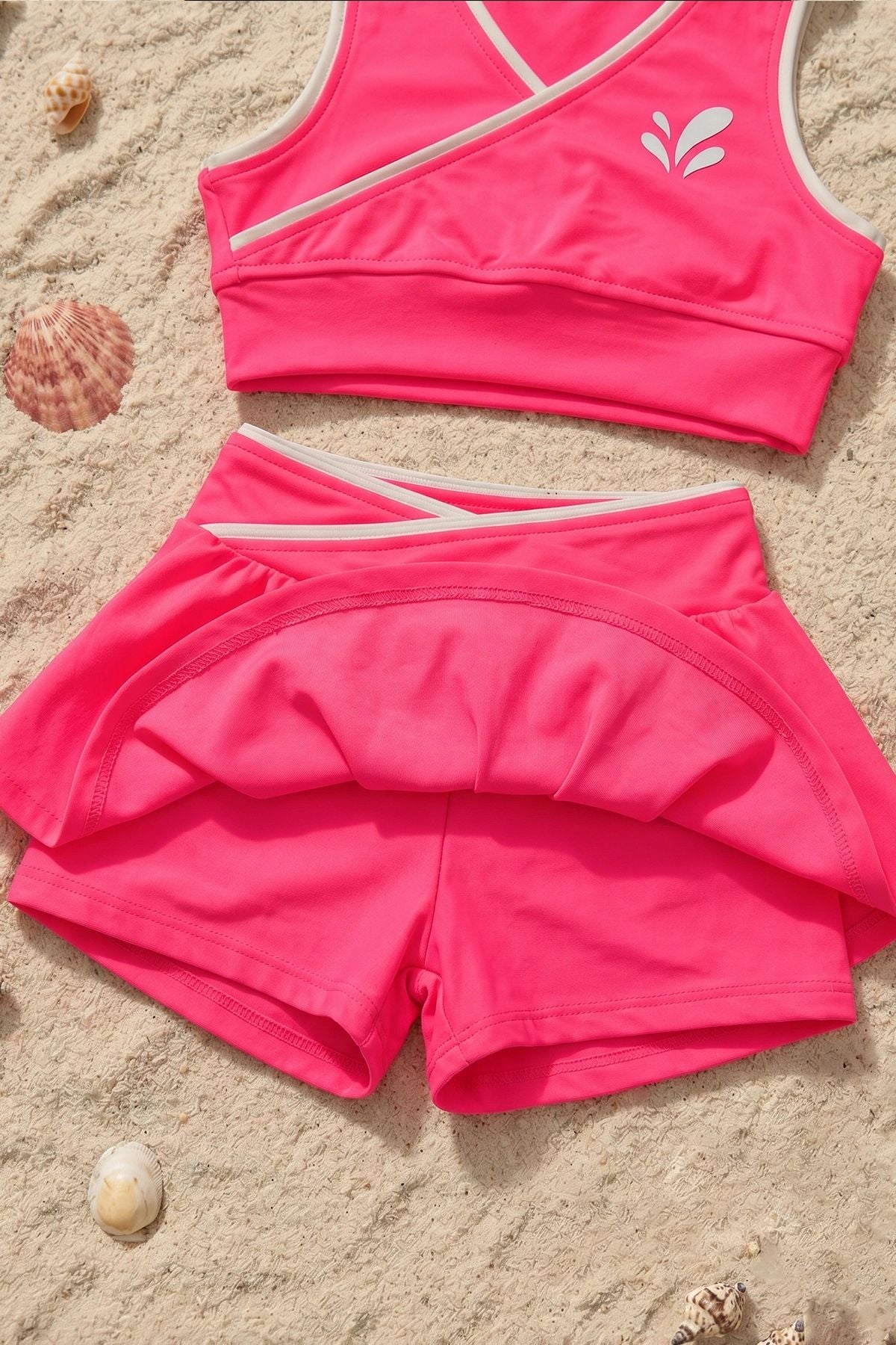 Kız Çocuk Sportif Fuşya Renk Crop - Şort Etek Alt Üst - Takım