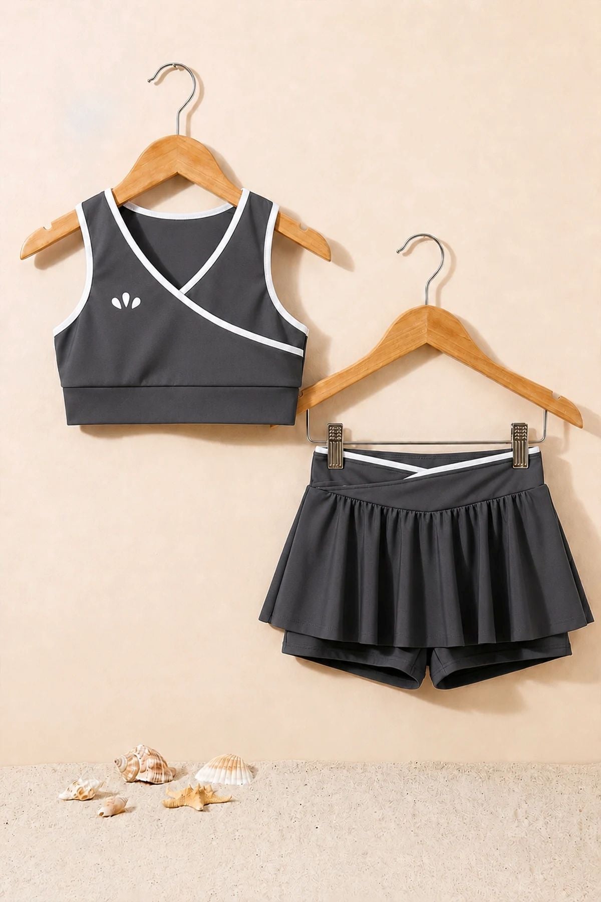 Kız Çocuk Sportif Gri Renk Crop - Şort Etek Alt Üst - Takım