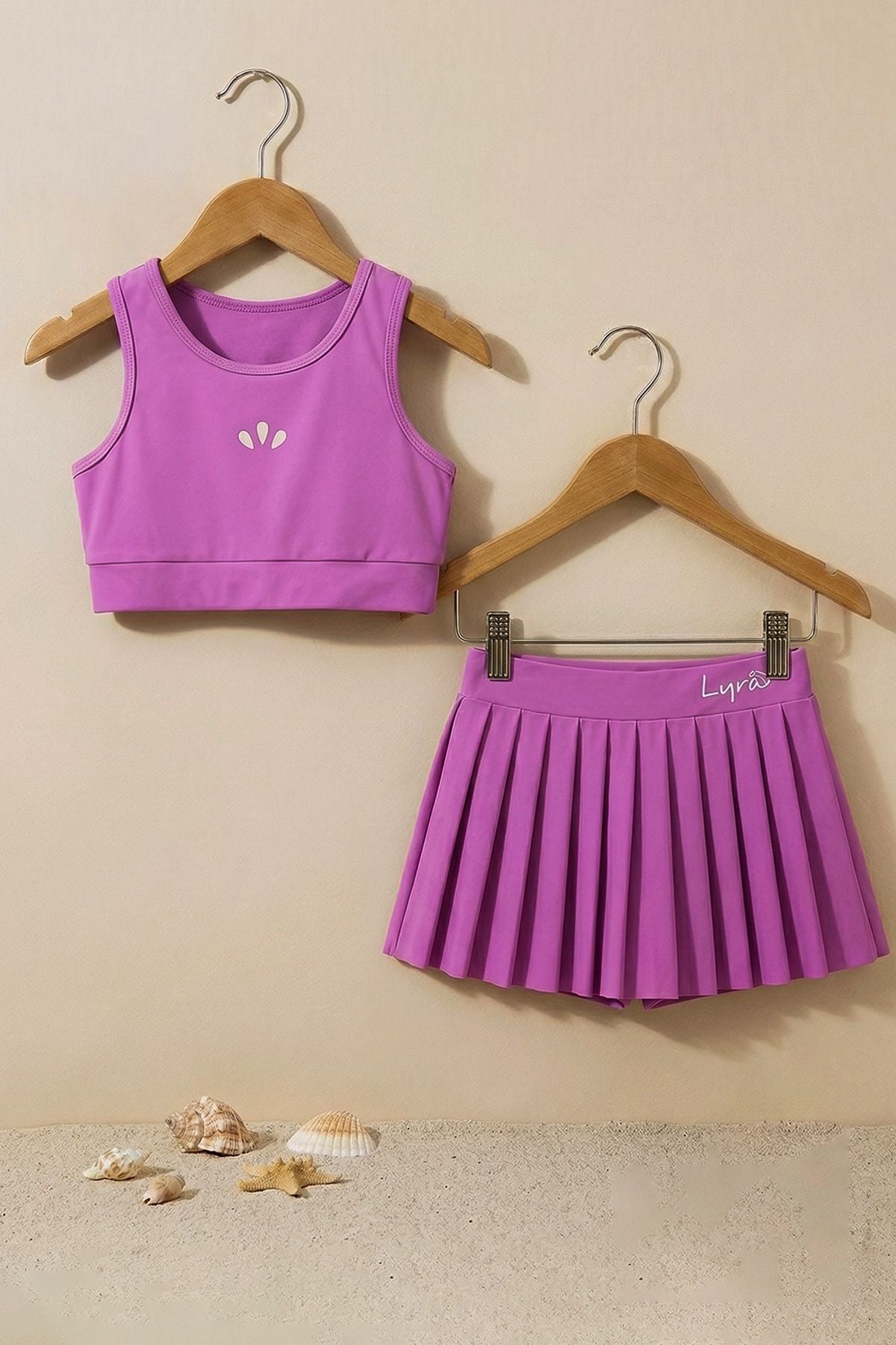 Kız Çocuk Sportif Mor Renk Pilili Crop - Şort Etek Alt - Üst Takım