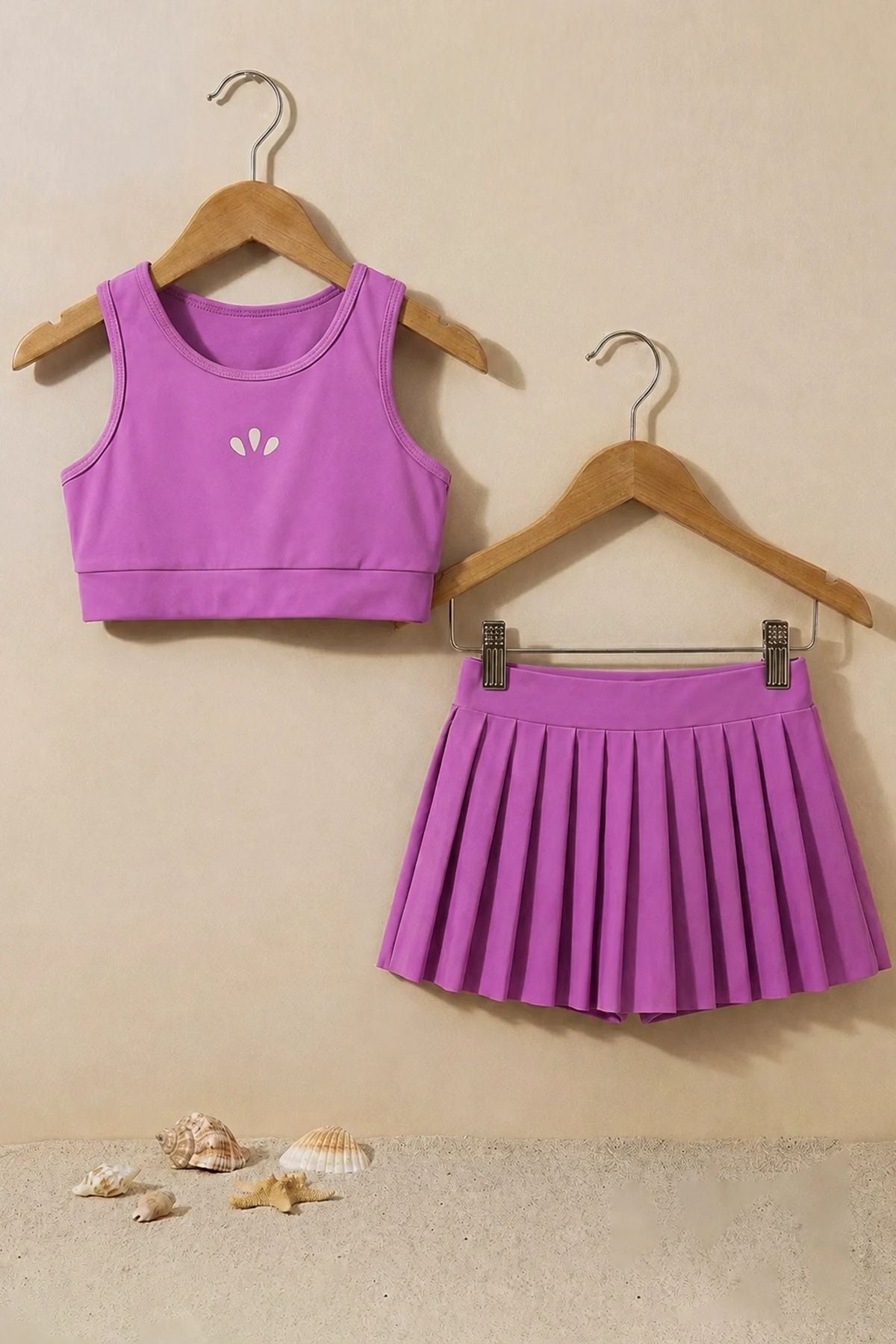 Kız Çocuk Sportif Mor Renk Pilili Crop - Şort Etek Alt - Üst Takım