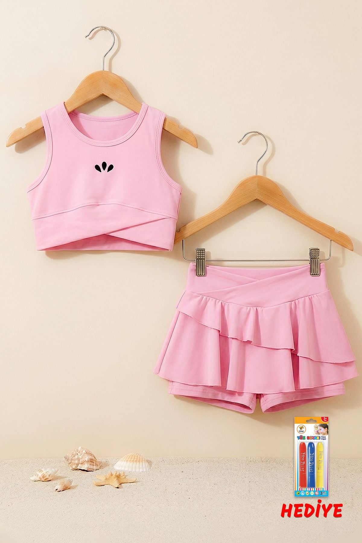 Kız Çocuk Sportif Pembe Renk Crop - Şort Etek Alt Üst - Takım