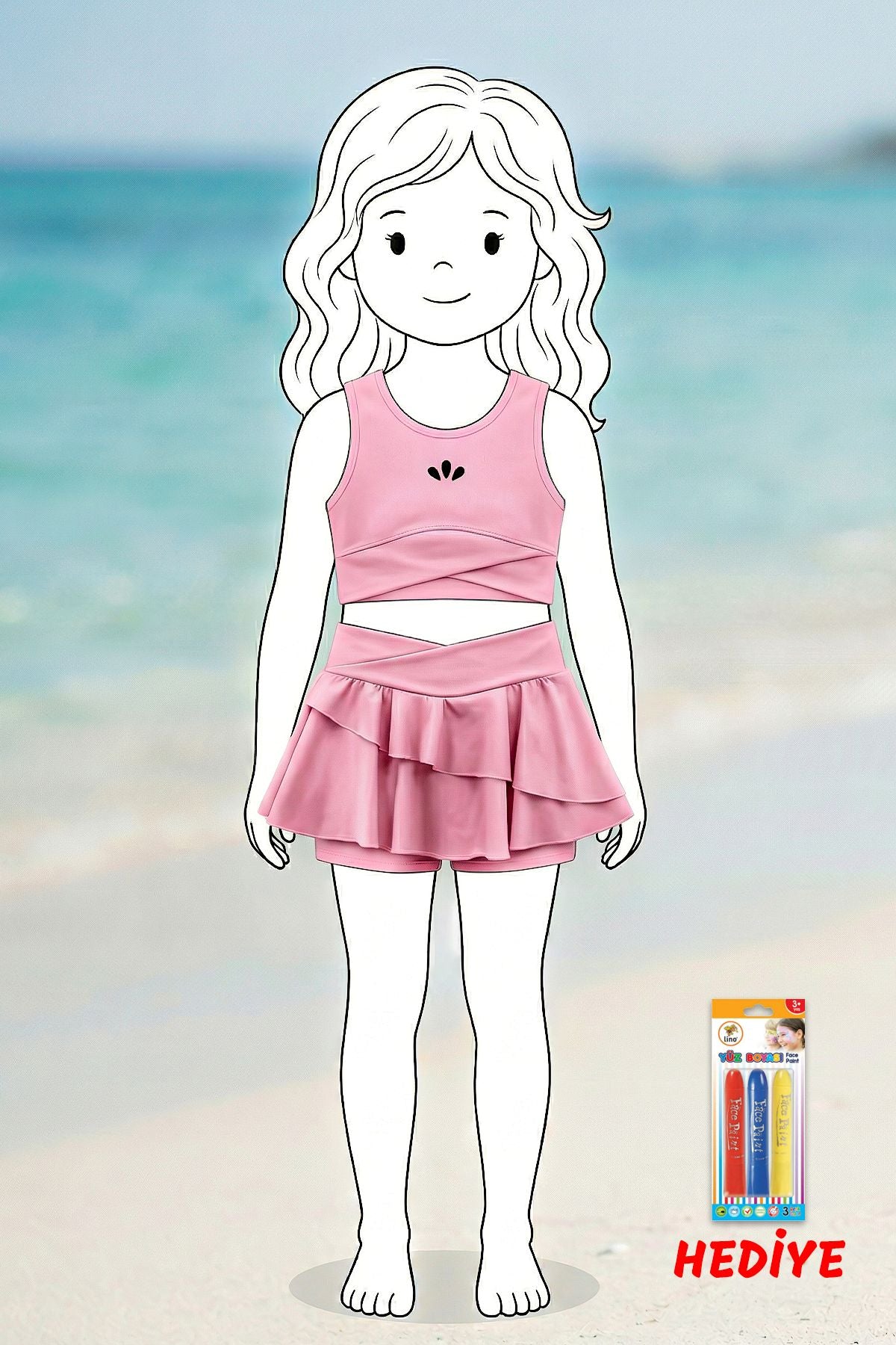 Kız Çocuk Sportif Pembe Renk Crop - Şort Etek Alt Üst - Takım