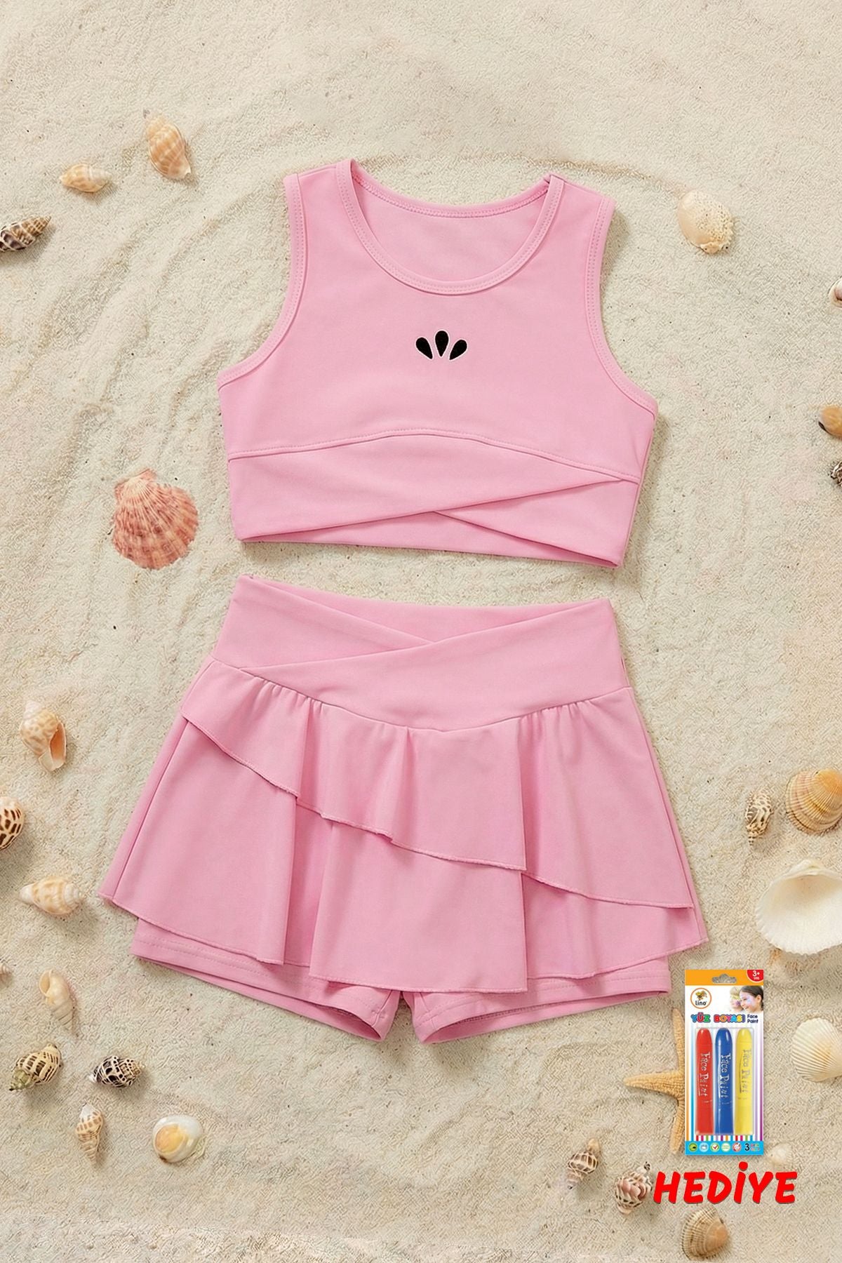 Kız Çocuk Sportif Pembe Renk Crop - Şort Etek Alt Üst - Takım