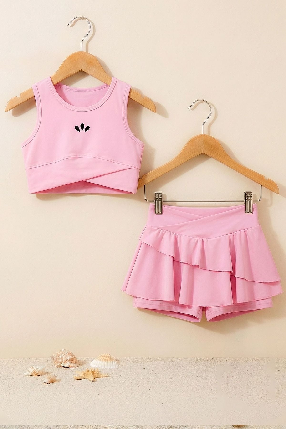 Kız Çocuk Sportif Pembe Renk Crop - Şort Etek Alt Üst - Takım