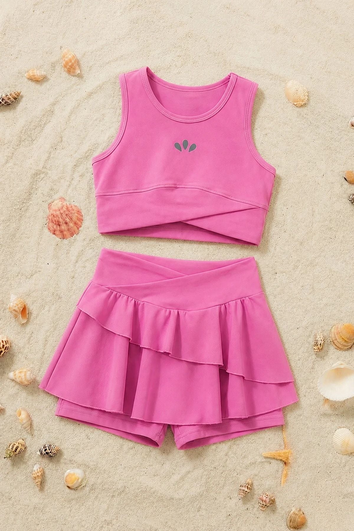 Kız Çocuk Sportif Pudra Renk Crop - Şort Etek Alt Üst - Takım