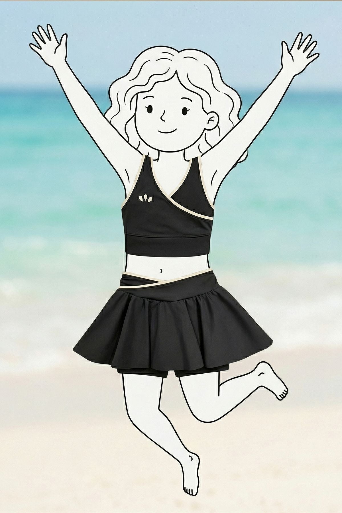 Kız Çocuk Sportif Siyah Renk Biyeli Crop Şort Etek Alt Üst Takım