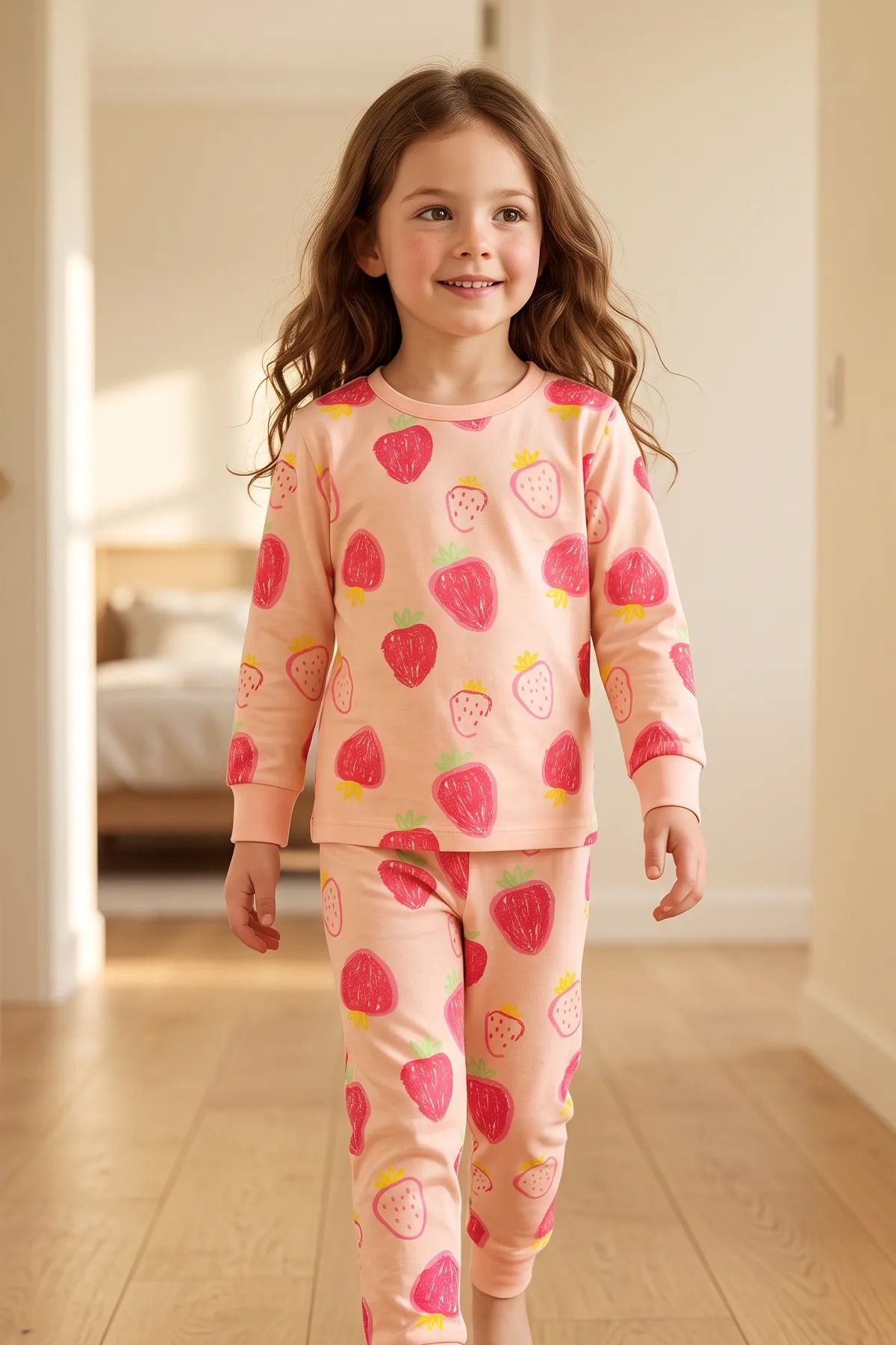 Kız Çocuk Strawberry - Çilek Desenli Uzun Kollu Pijama Takımı