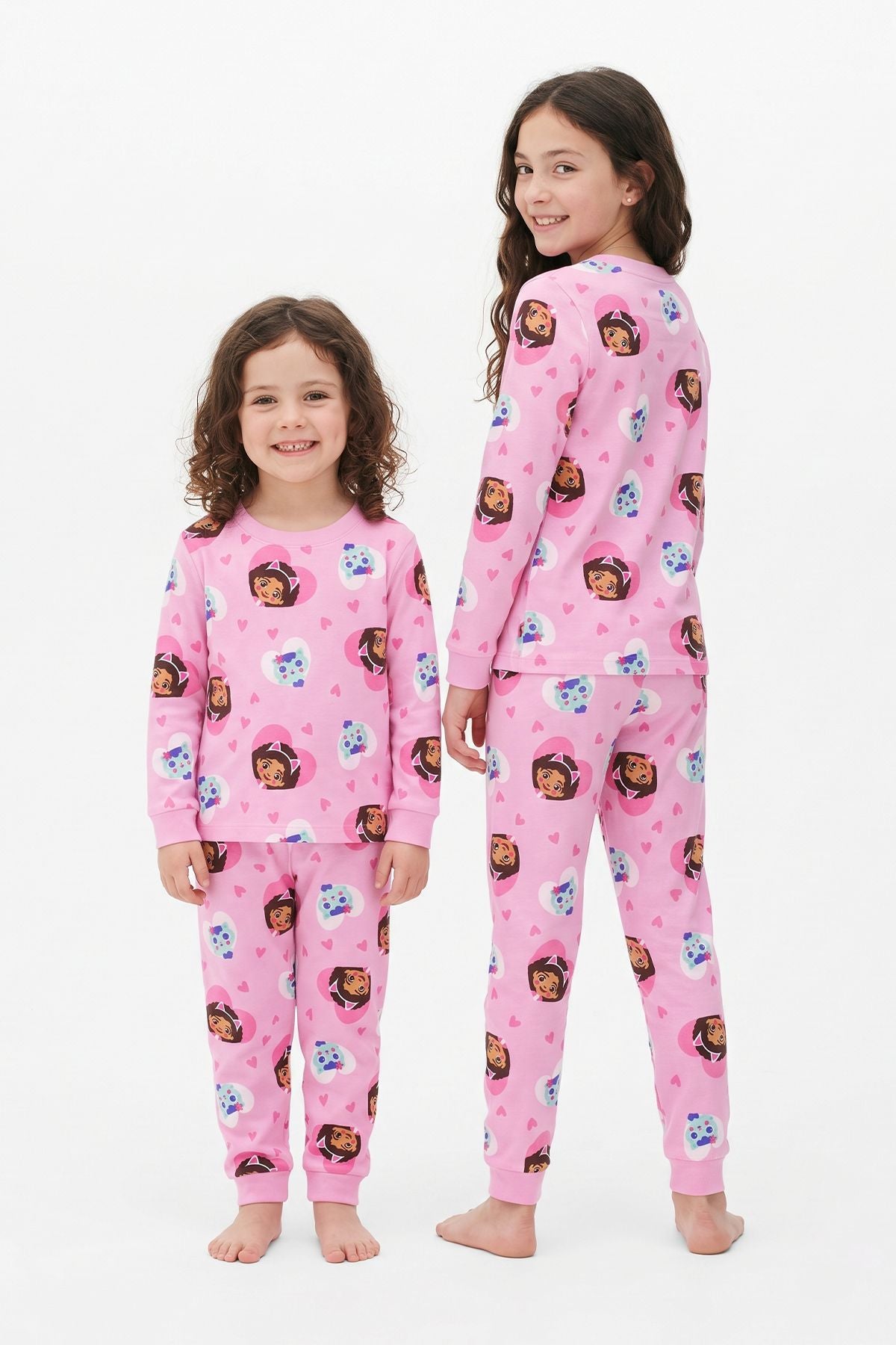 Kız Çocuk Uzun Kol Pembe Renk Kedi Kız Desenli Pijama Takımı