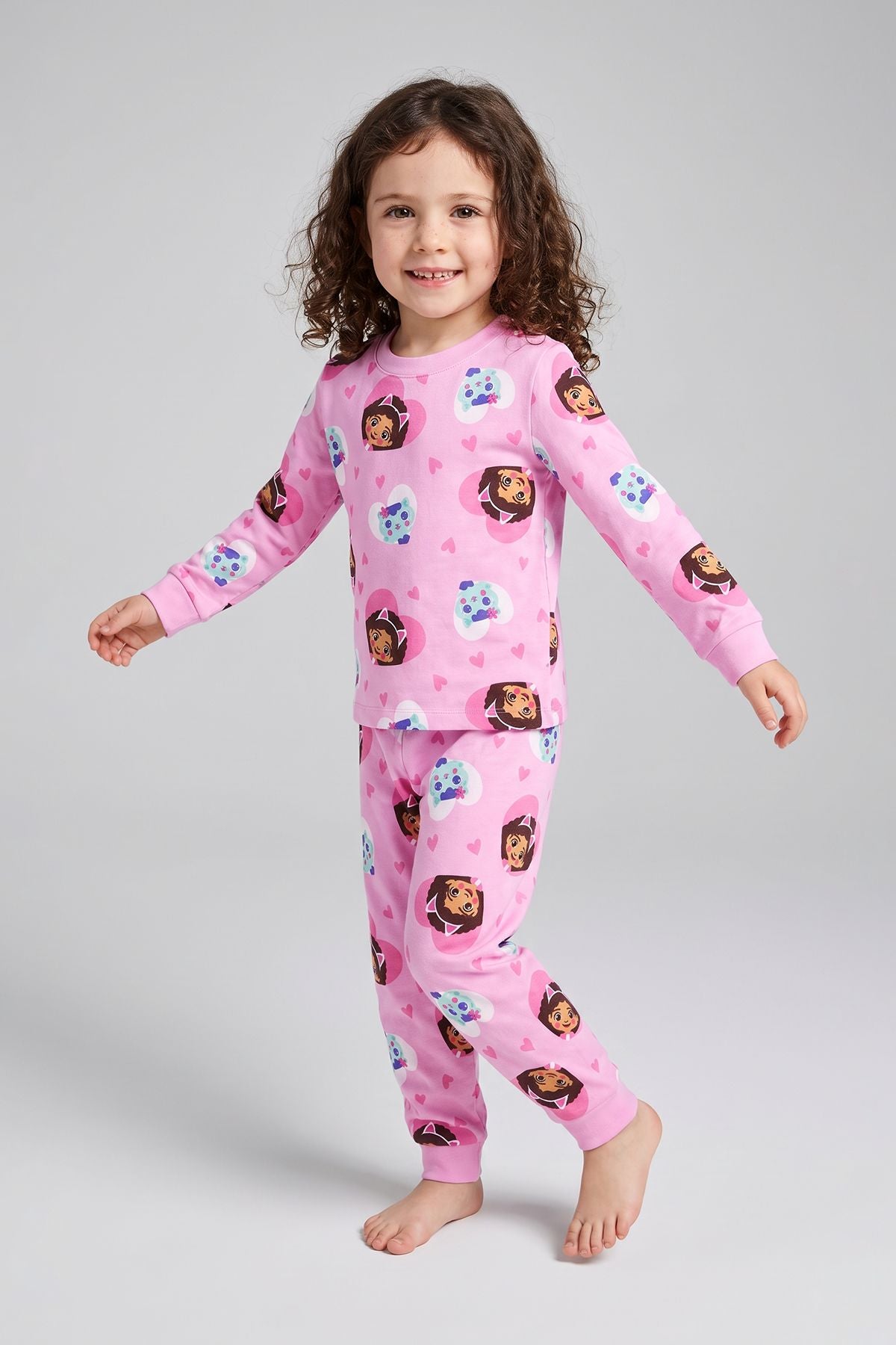 Kız Çocuk Uzun Kol Pembe Renk Kedi Kız Desenli Pijama Takımı