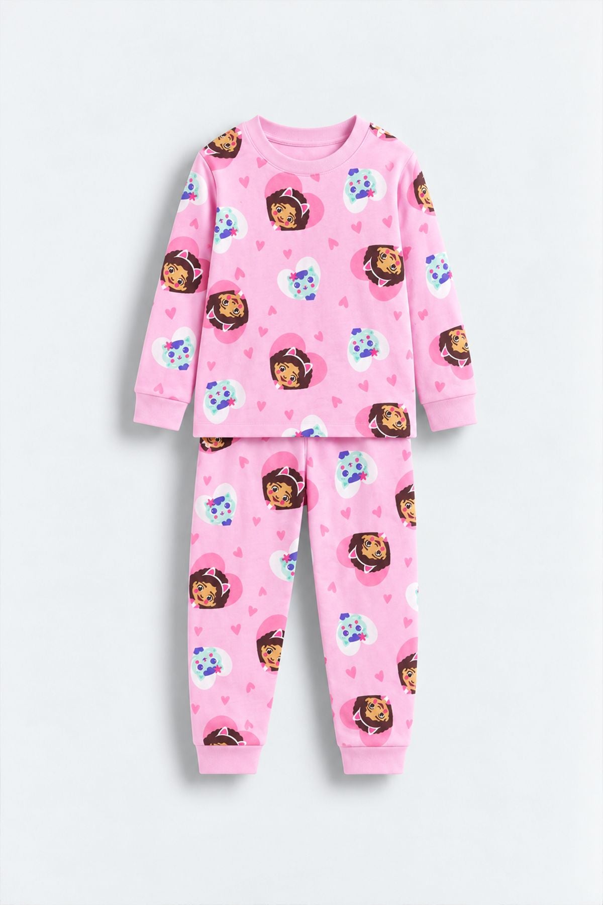 Kız Çocuk Uzun Kol Pembe Renk Kedi Kız Desenli Pijama Takımı