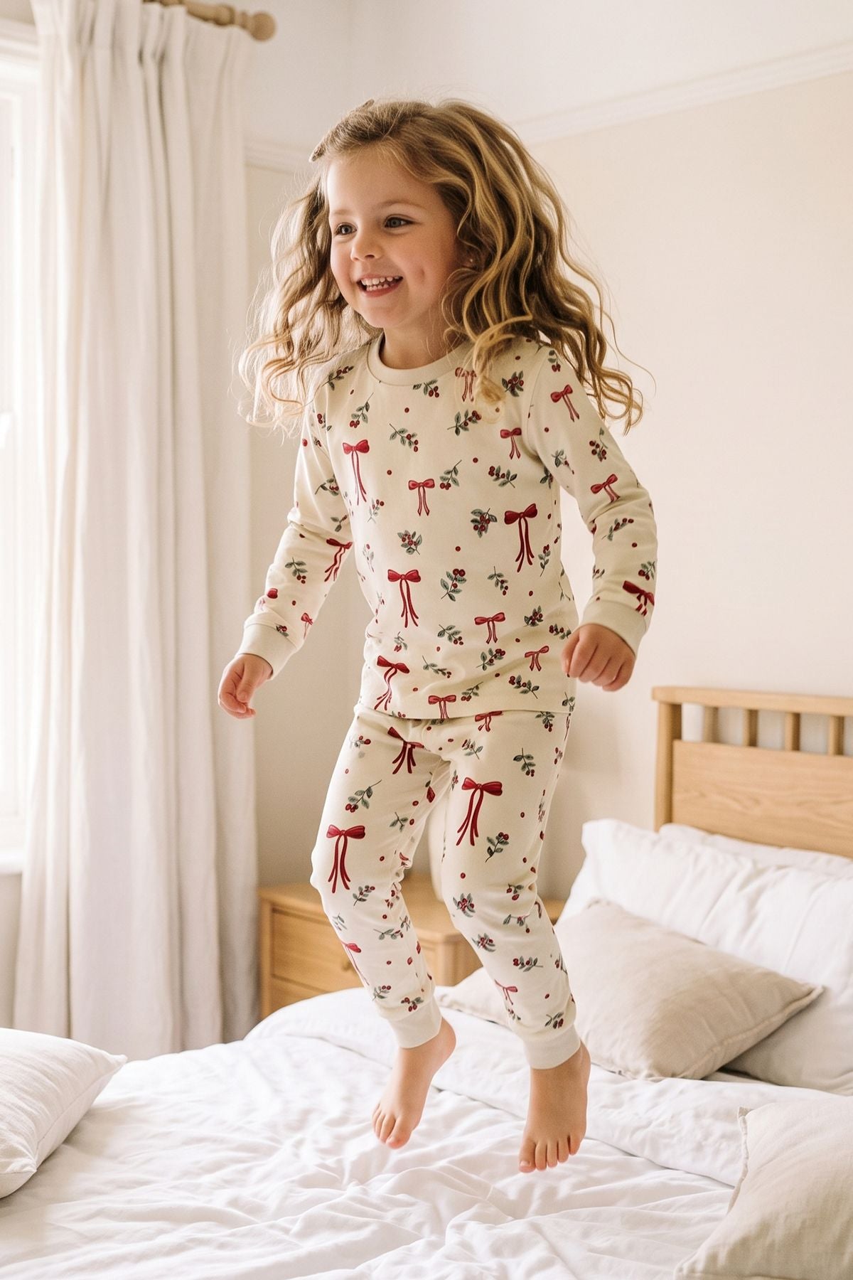 Kız Çocuk Yılbaşı Temalı Fiyonklu Uzun Kollu Pijama Takımı