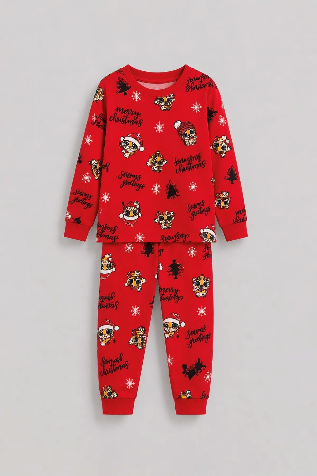 Kız Çocuk Yılbaşı Temalı Tiger Desenli Uzun Kollu Pijama Takımı