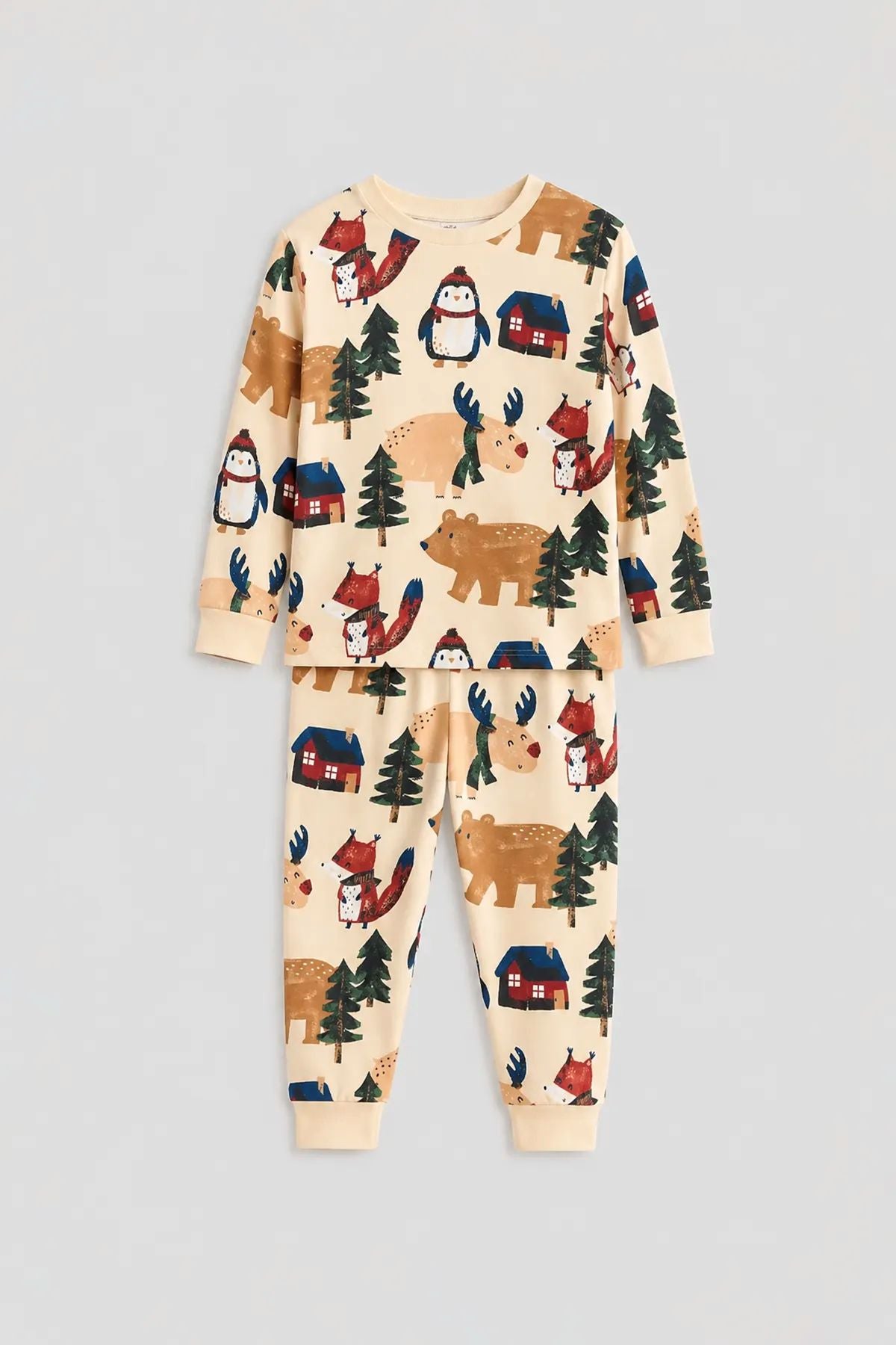 Sevimli Kardan Adam-Penguen Desenli %100 Pamuk Unisex Çocuk Pijama Takımı