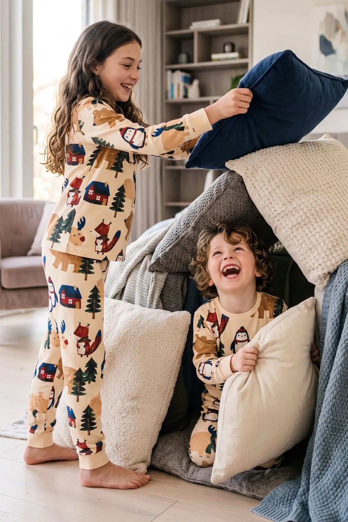 Sevimli Kardan Adam-Penguen Desenli %100 Pamuk Unisex Çocuk Pijama Takımı