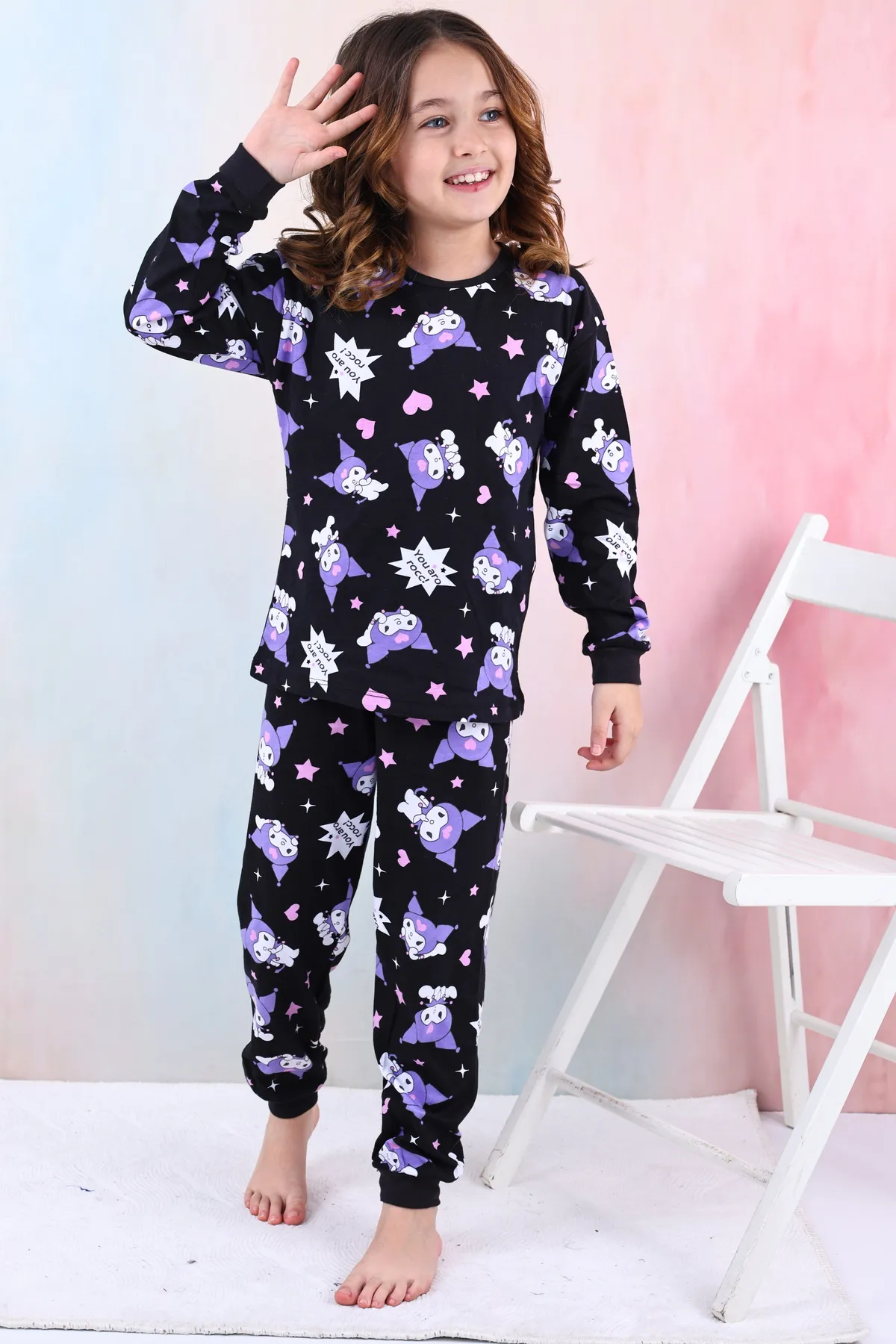 Kuromi Desenli Kız Çocuk Pijama Takımı Pembe 3-13 Yaş