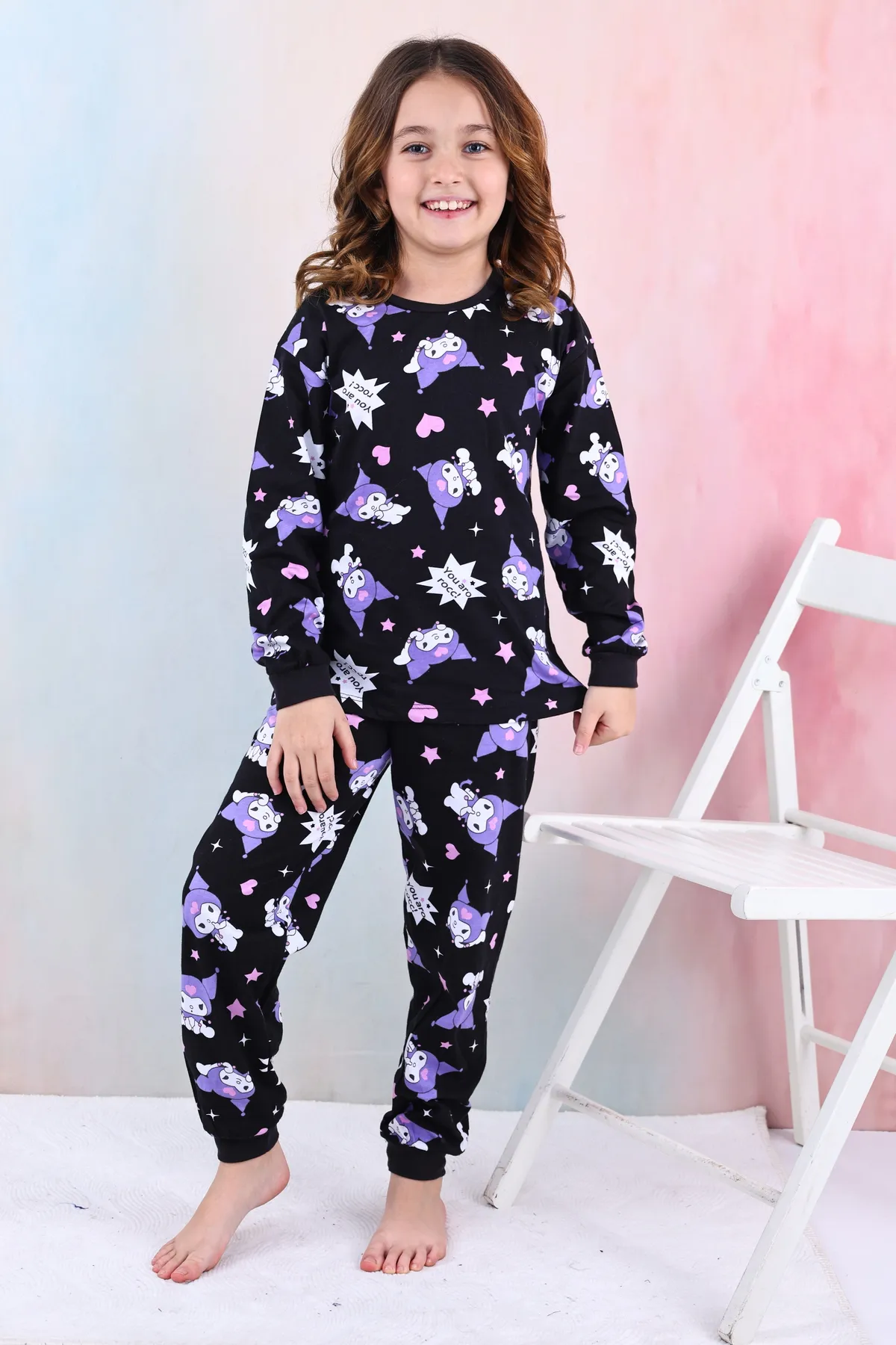 Kuromi Desenli Kız Çocuk Pijama Takımı Pembe 3-13 Yaş