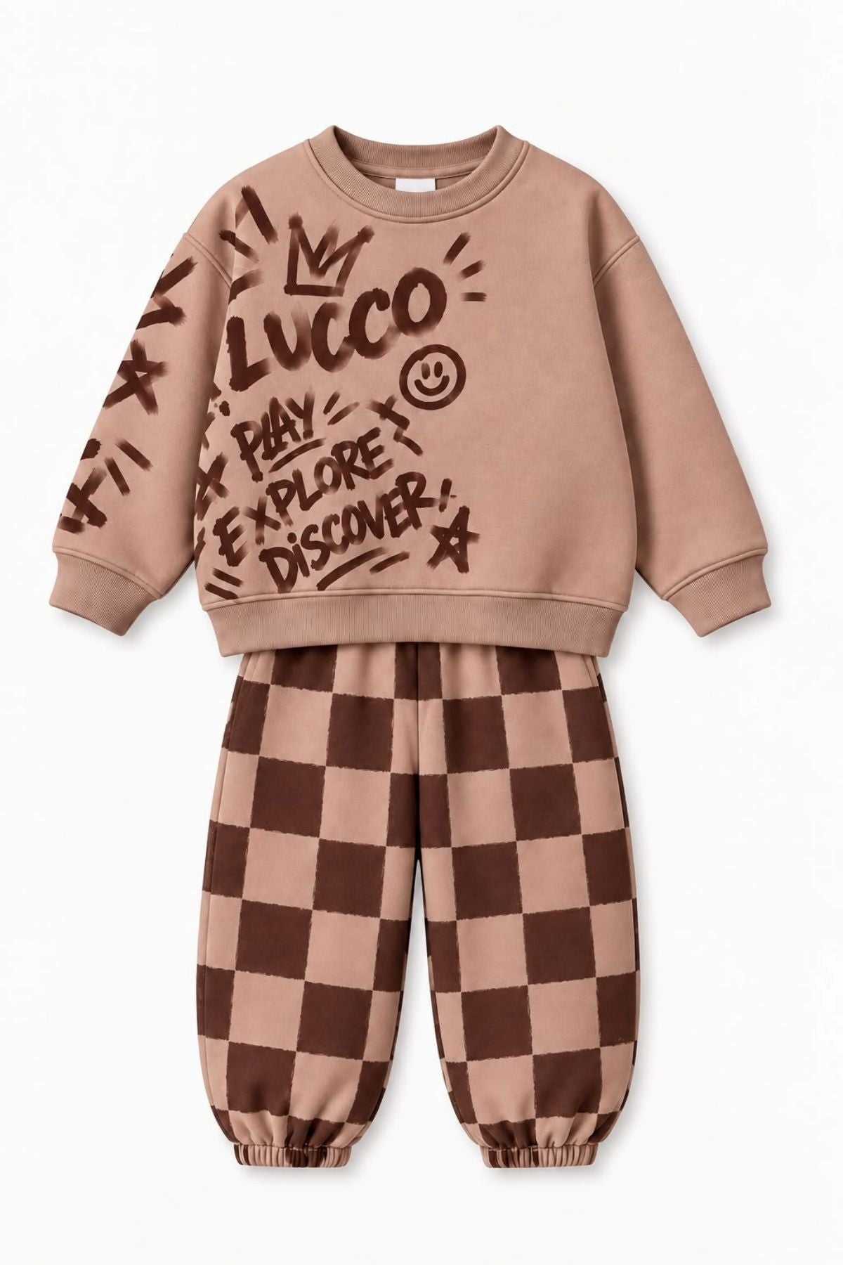 Erkek Çocuk Graffiti Baskılı Oversize Sweatshirt ve Dama Desenli Bol Paça Eşofman Takımı