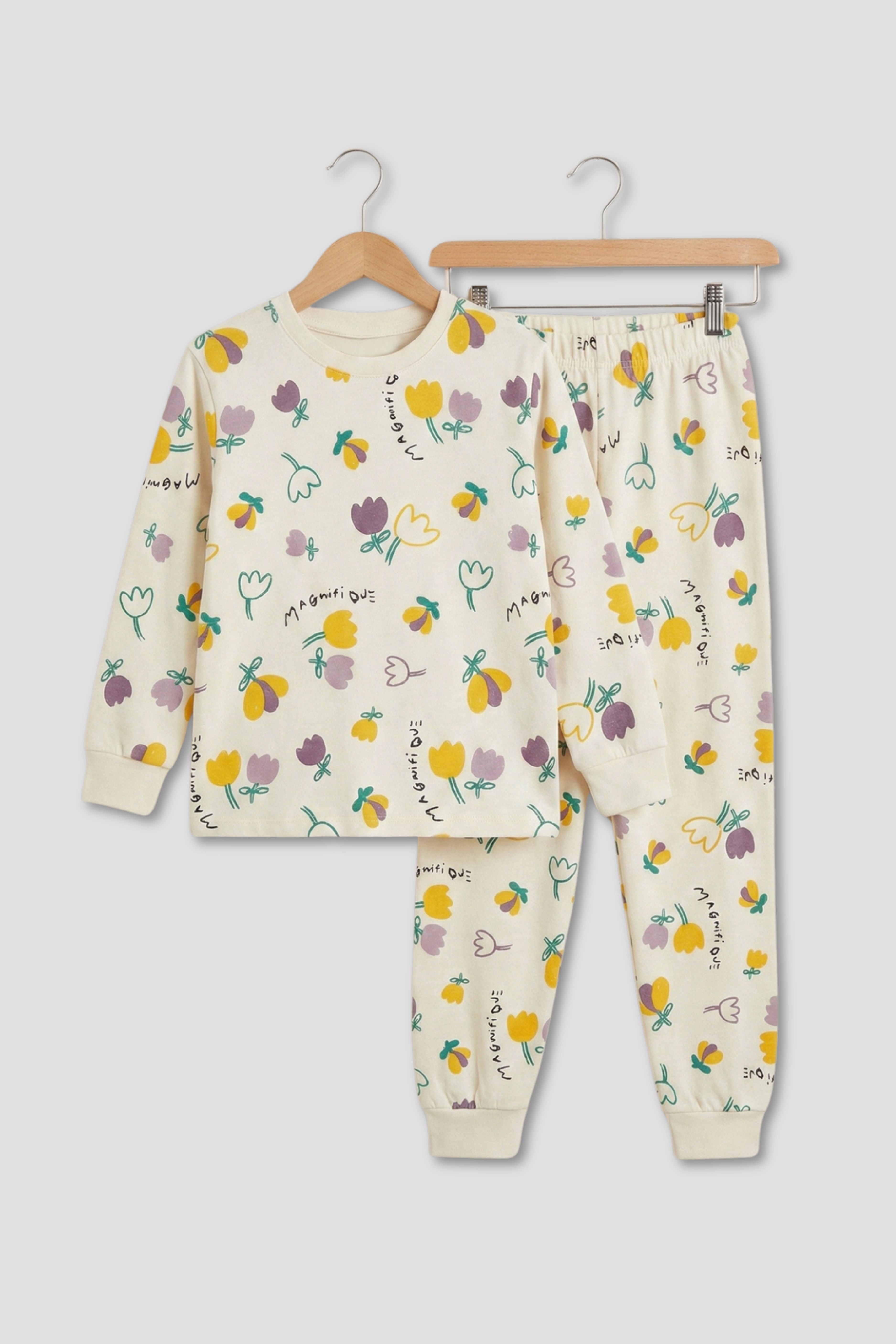 Magnifi Ove Yazılı Lale Baskılı Kız Çocuk Pijama Takımı