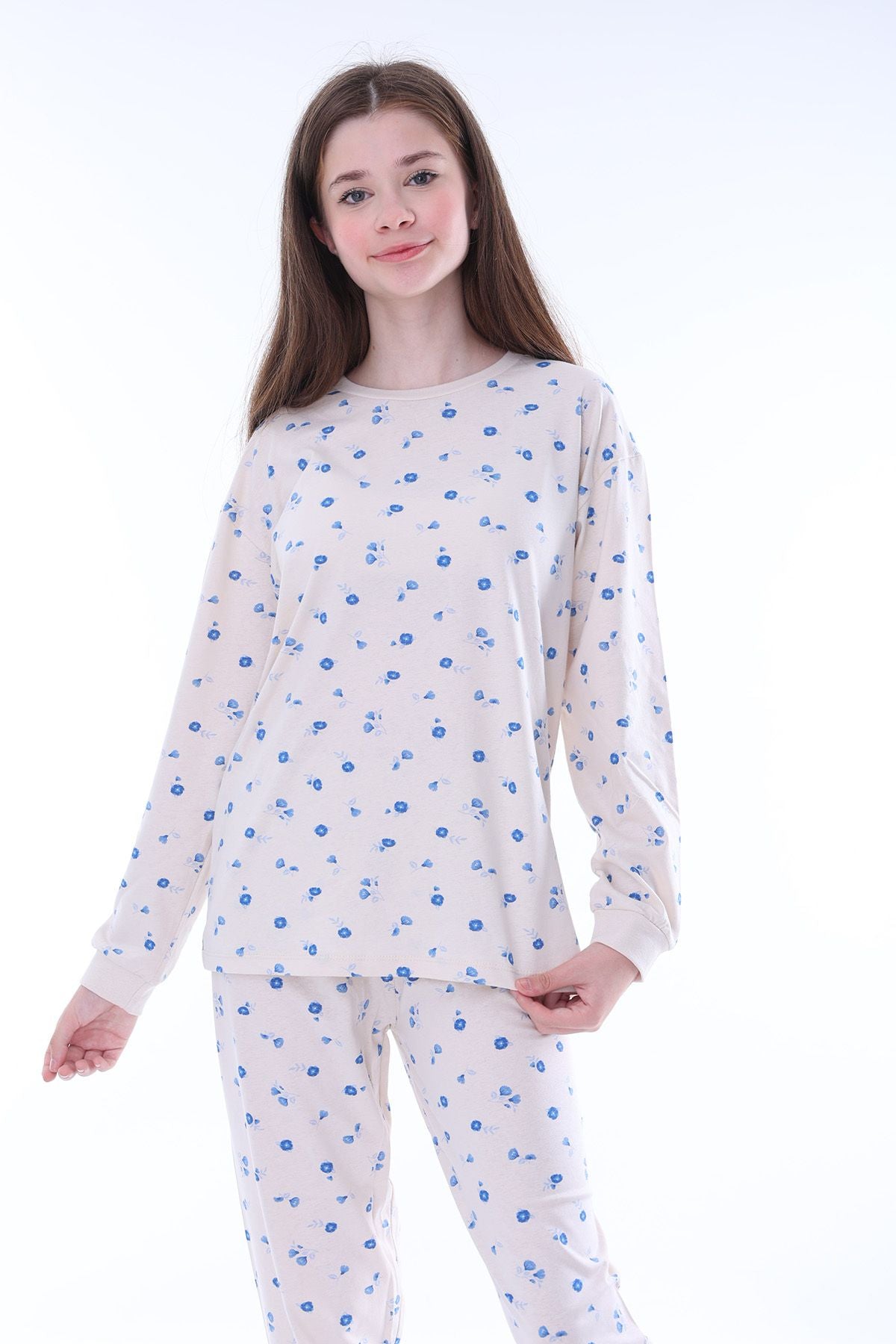 Minimal Çiçek Detaylı Mavi Kız Çocuk Pijama Takımı