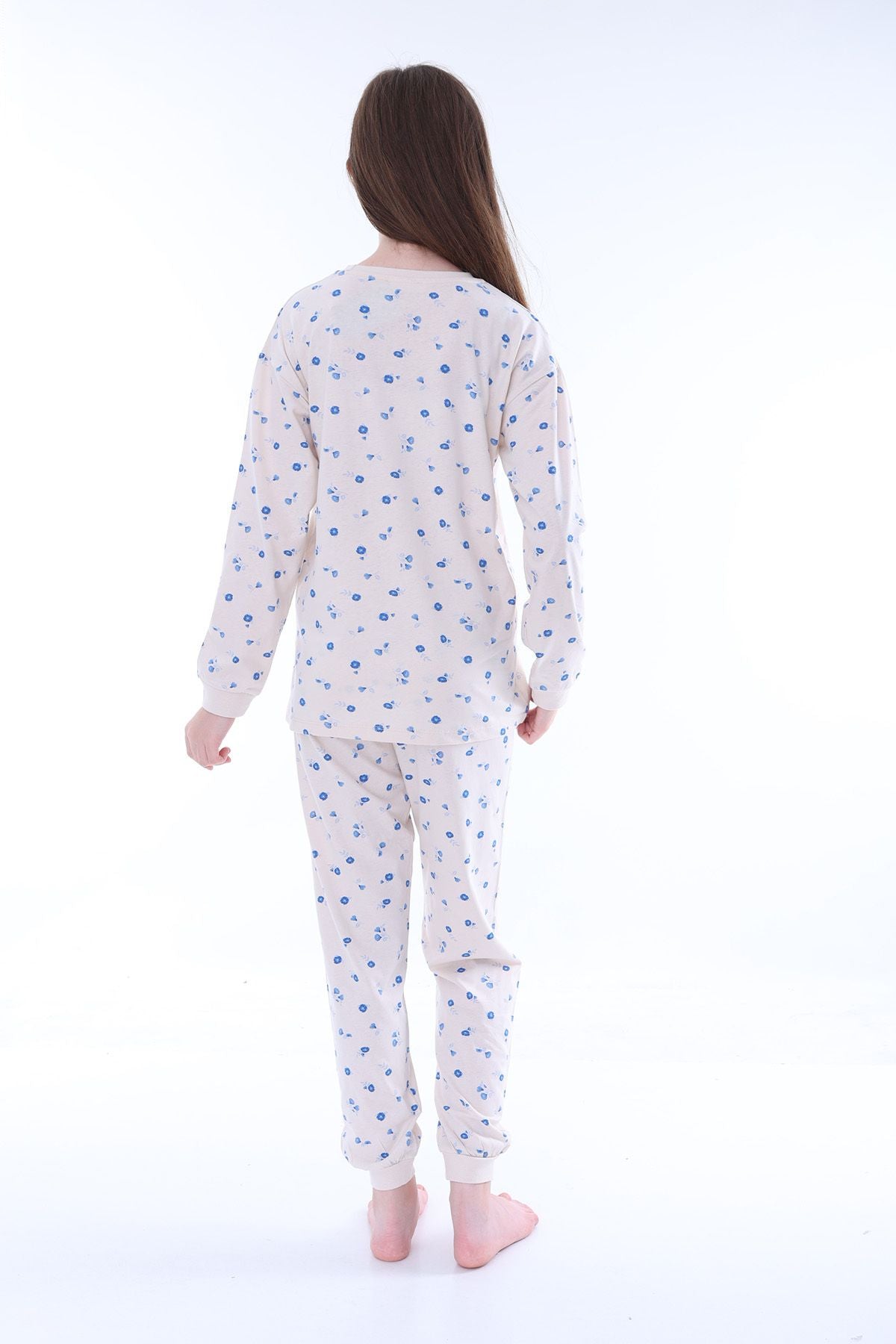 Minimal Çiçek Detaylı Mavi Kız Çocuk Pijama Takımı